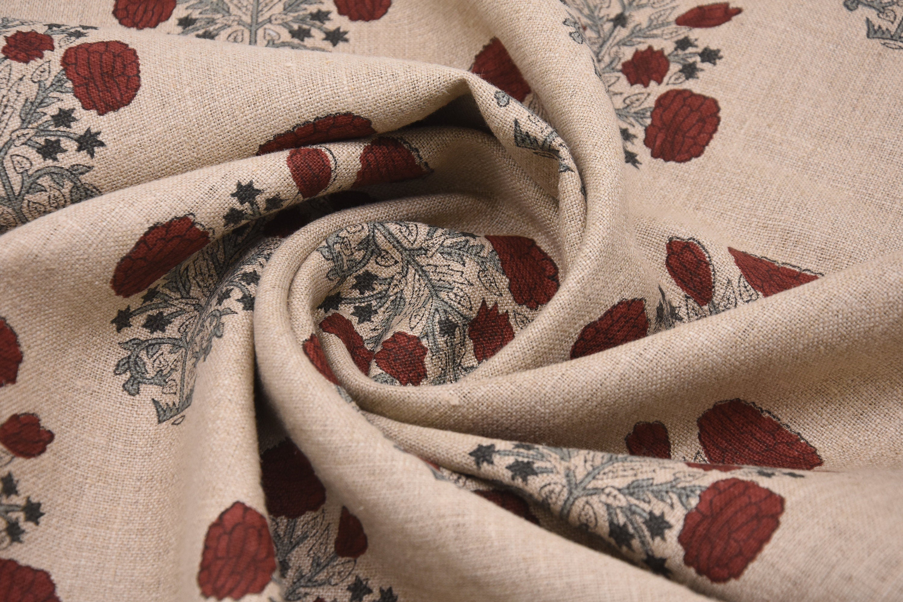 Thick Linen 58" Wide, Red Outdoor Pillow Cover, Handmade Block Print, Decorative Curtain and Table Cover - SWADESH