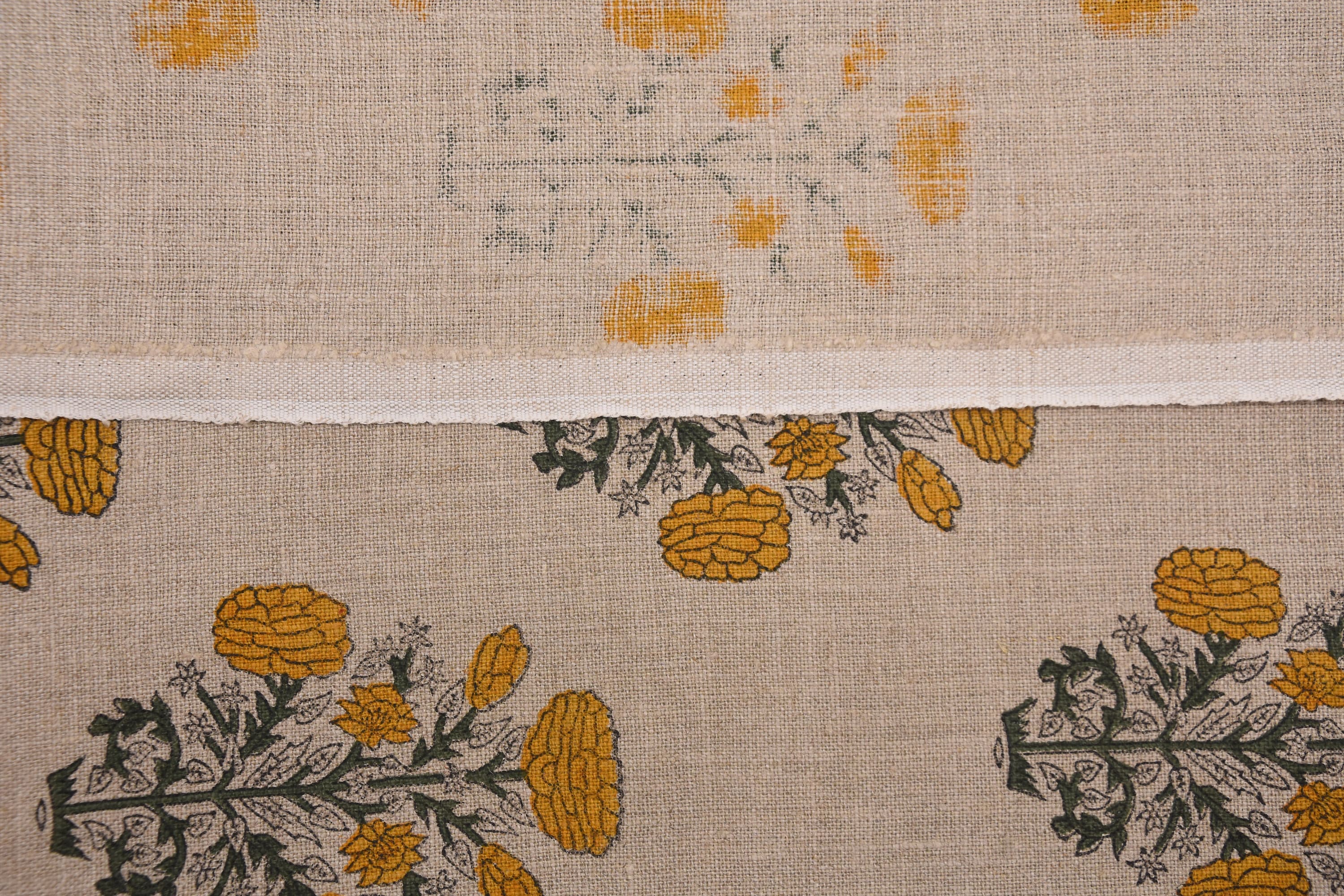 Indian hand block, thick linen 58" wide, hand made mustard floral print, upholstery curtain, table and sofa cover - SWADESH
