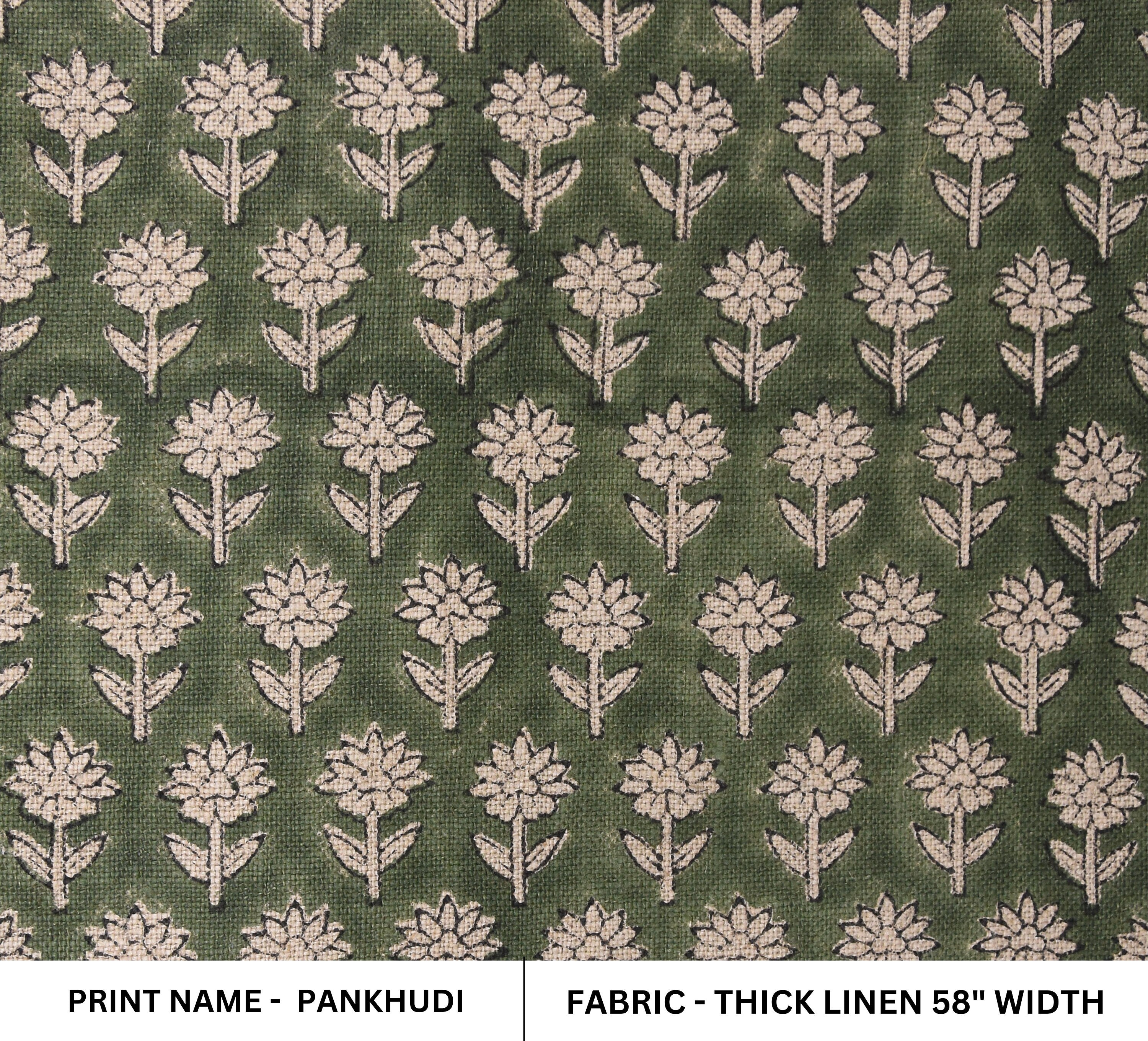 Thick Linen 58" Wide Indian hand block floral print, fabric by the yard, hand made upholstery sofa cover - PANKHUDI