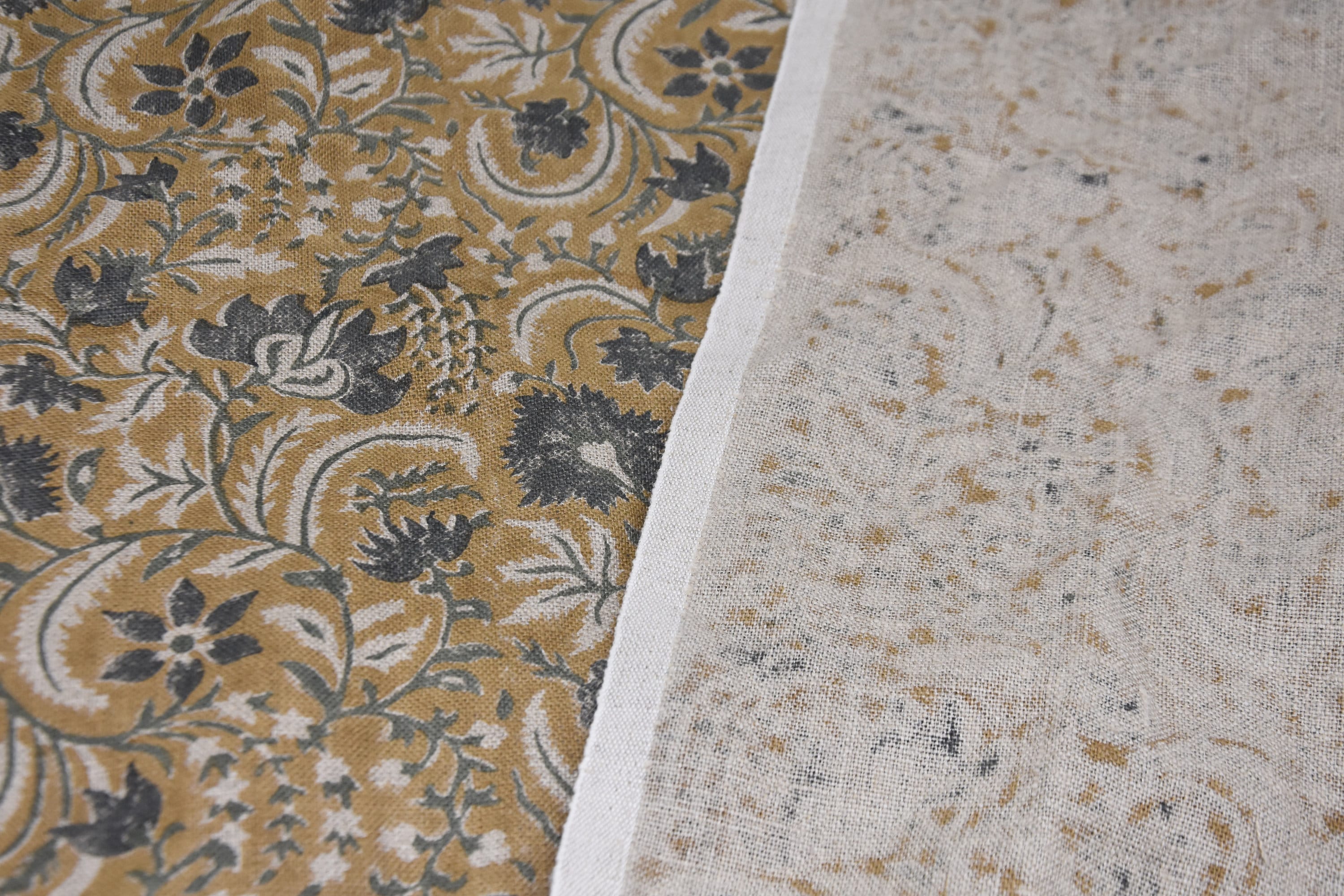 Hand block floral print, Thick linen 58" wide, linen fabric for pillows and cushions covers, handmade art, upholstery curtains - KUNDANVAN BROWN