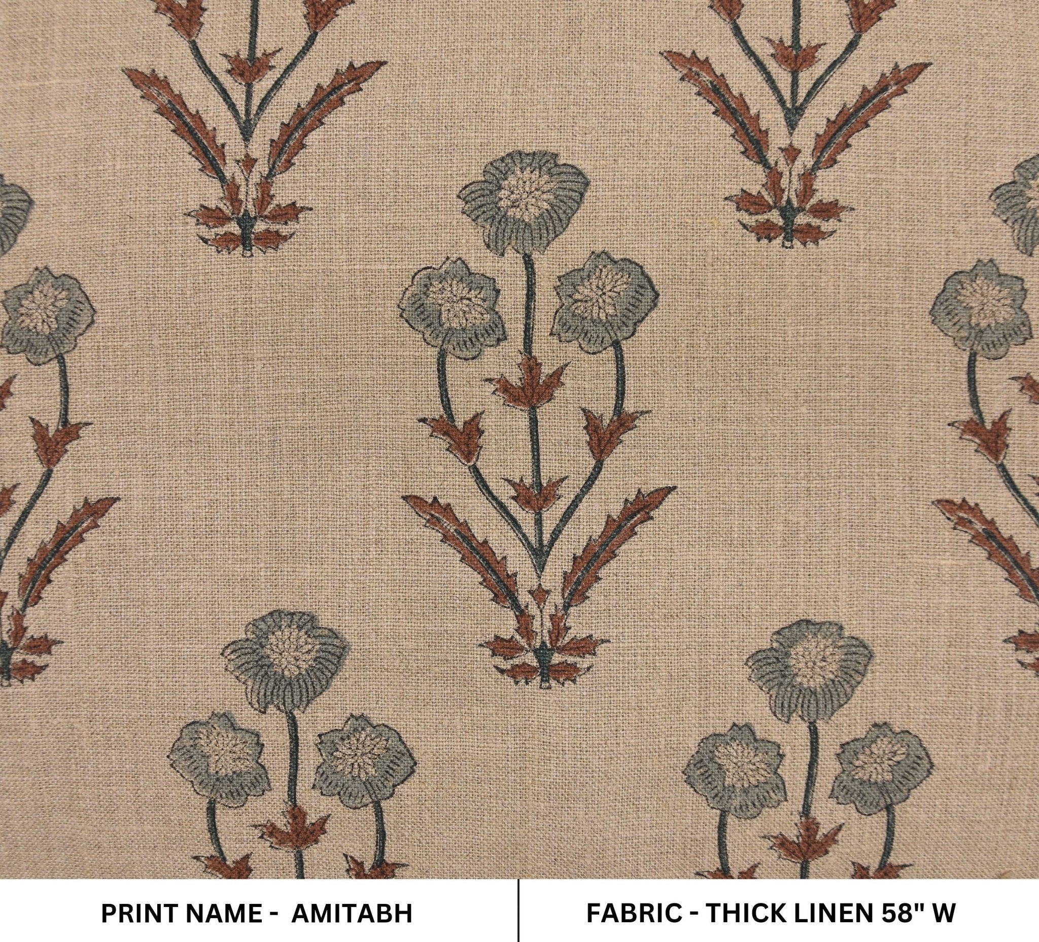 Block print thick linen 58" wide , gray hand block print, Indian cushion cover, linen by yard, sofa and table cover - AMITABH