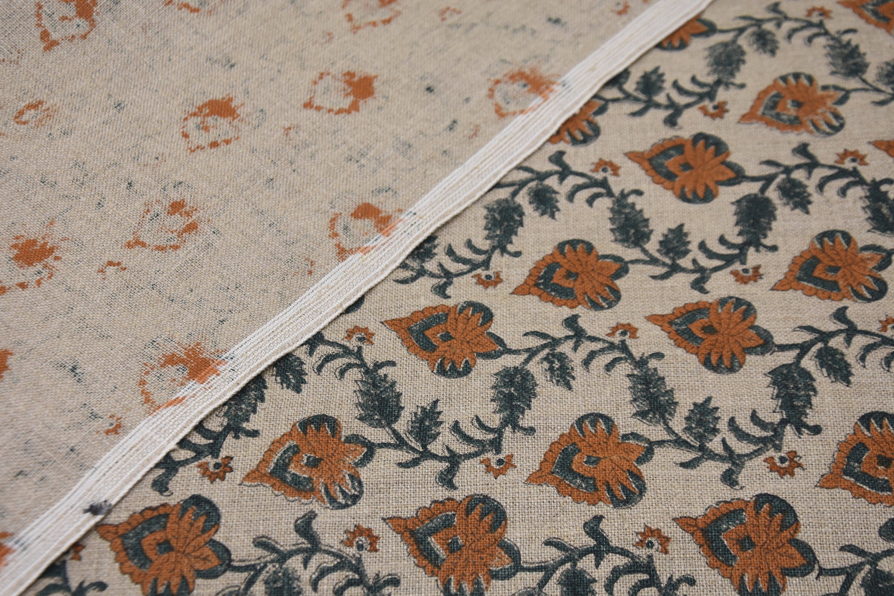 Block print thick linen 58" W fabric, table cushions, upholstery, heavy linen fabric, linen table cloth, pillow - MADHUBALA