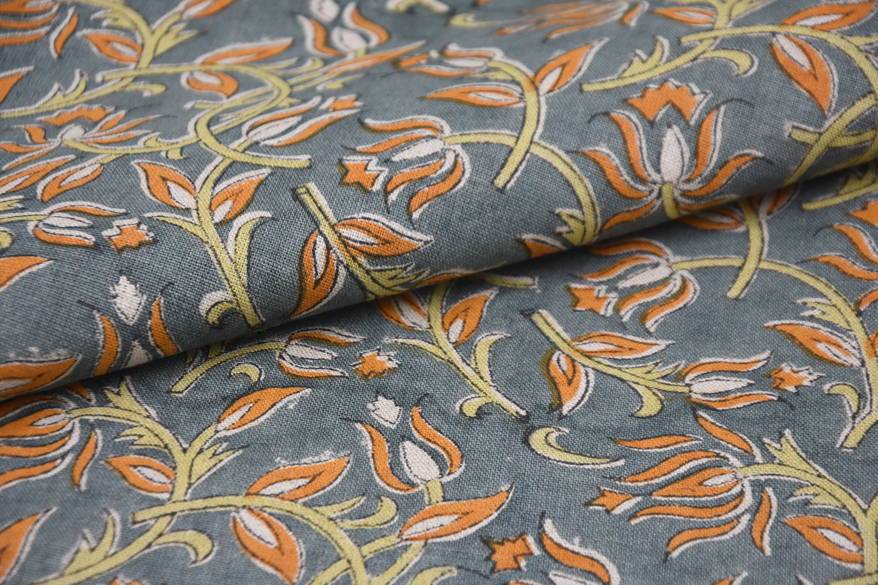 Block print pure linen 58" wide fabric, handmade pillow fabric, linen fabric for table covers, premium linen fabric  - KAMAL DUTTA