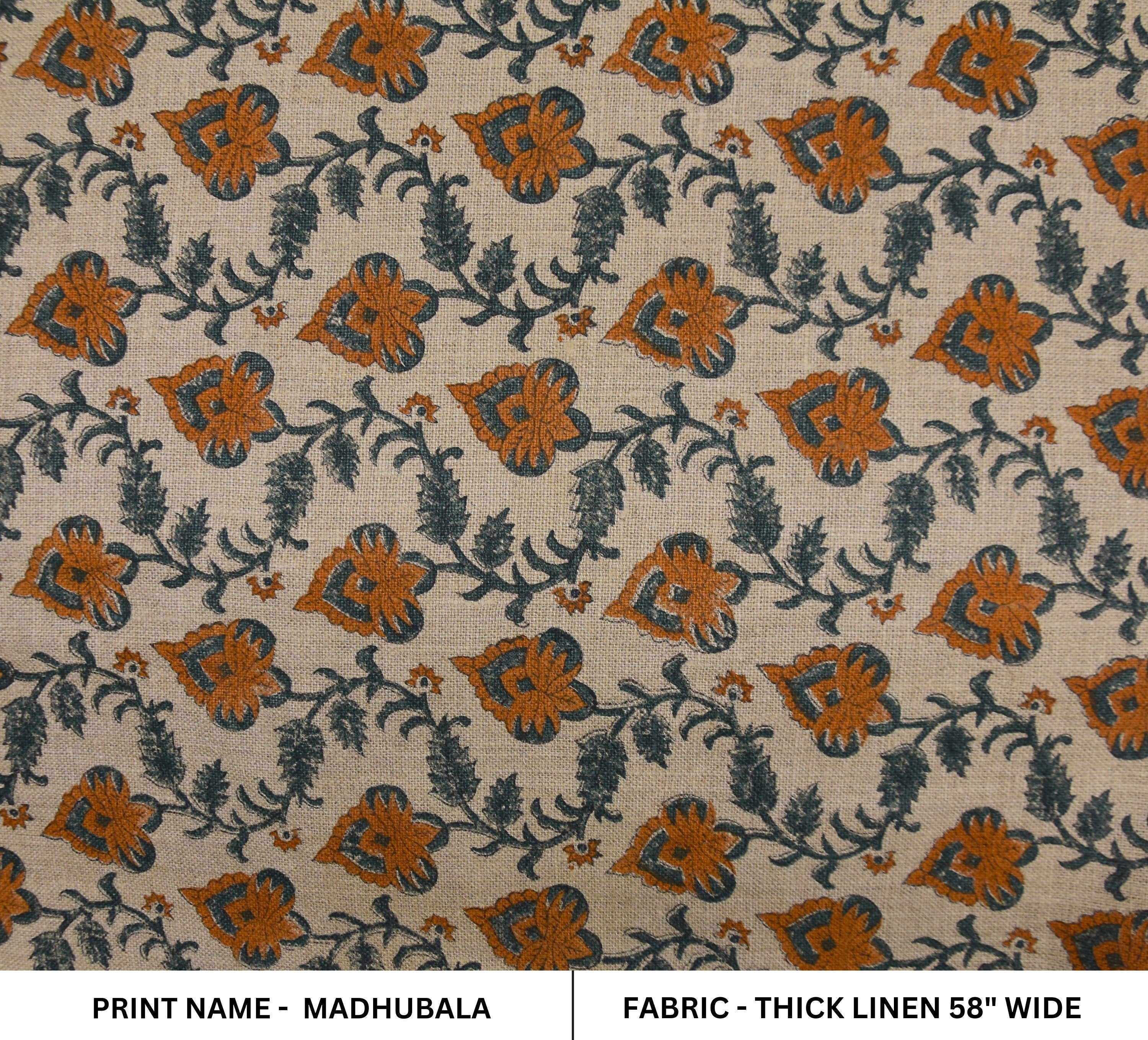 Block print thick linen 58" W fabric, table cushions, upholstery, heavy linen fabric, linen table cloth, pillow - MADHUBALA