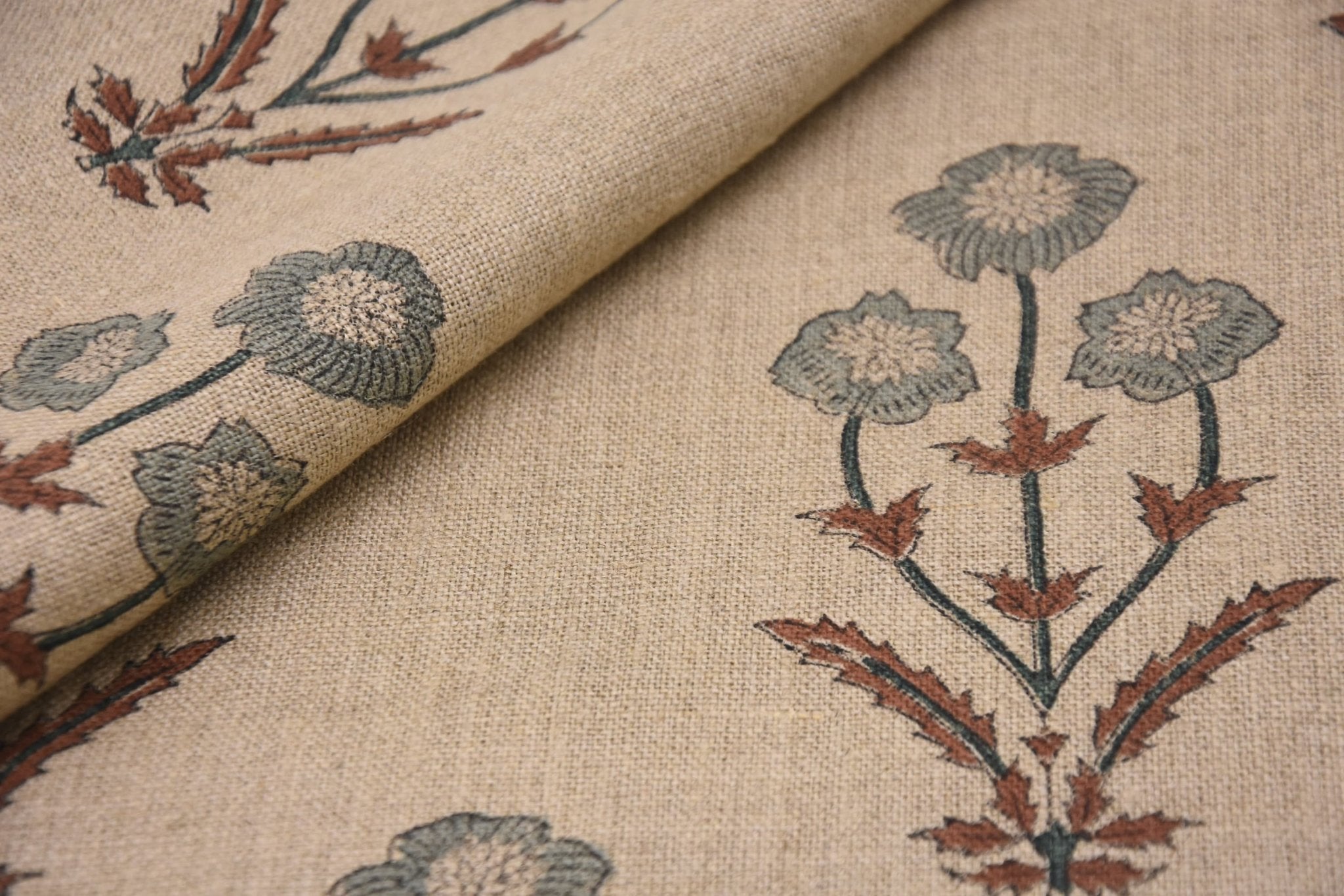 Block print thick linen 58" wide , gray hand block print, Indian cushion cover, linen by yard, sofa and table cover - AMITABH