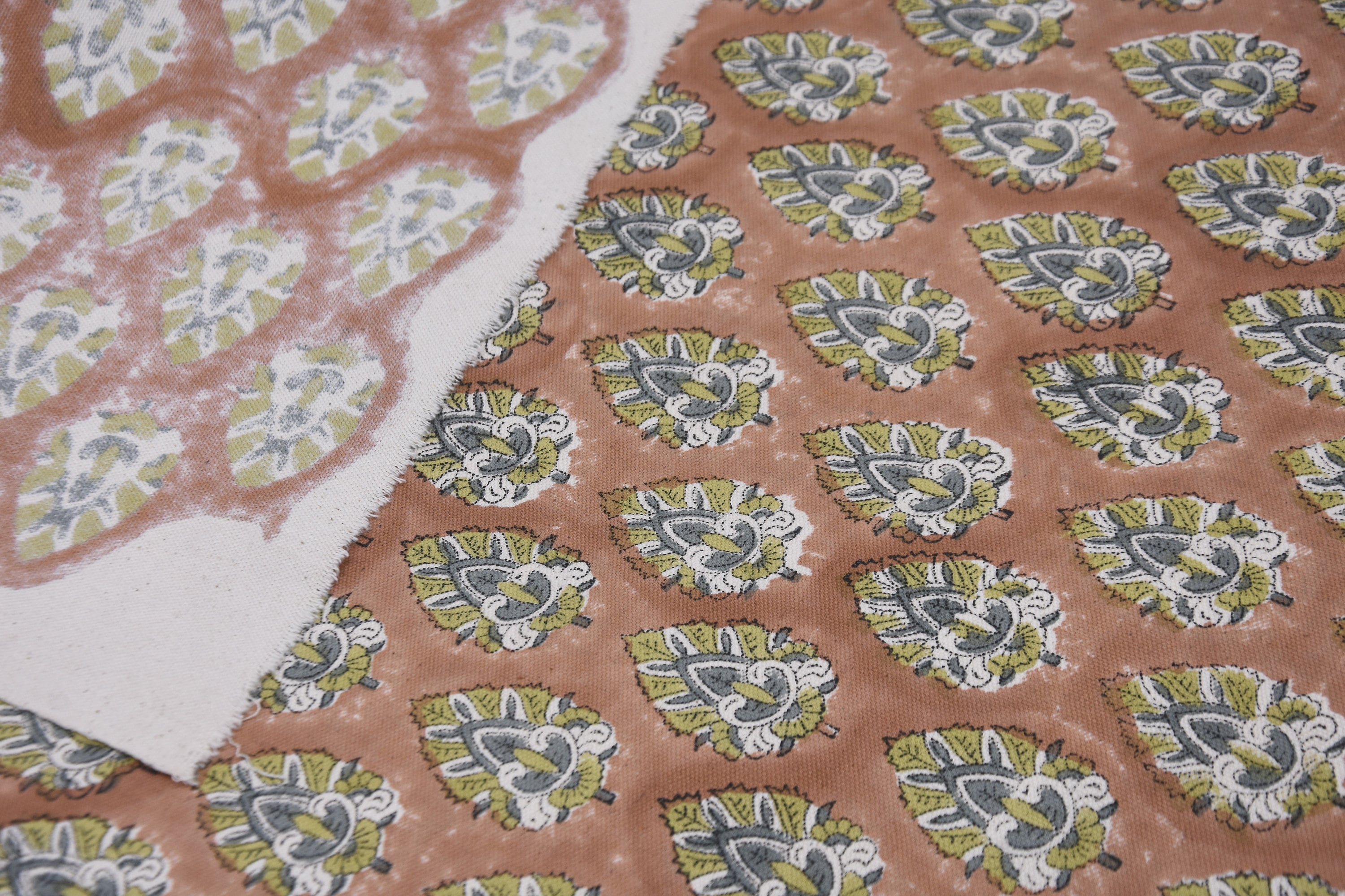 Floral windowpane fabric, duck canvas 50" wide, linen by yard, handmade block print art, drapery linen fabric - BETAL LEAF