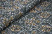 VISHAL PUSHP HAND BLOCK PRINTED FABRIC – THICK LINEN WITH LEAF PRINT IN GRAY & MUSTARD