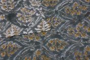 VISHAL PUSHP HAND BLOCK PRINTED FABRIC – THICK LINEN WITH LEAF PRINT IN GRAY & MUSTARD