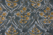 VISHAL PUSHP HAND BLOCK PRINTED FABRIC – THICK LINEN WITH LEAF PRINT IN GRAY & MUSTARD