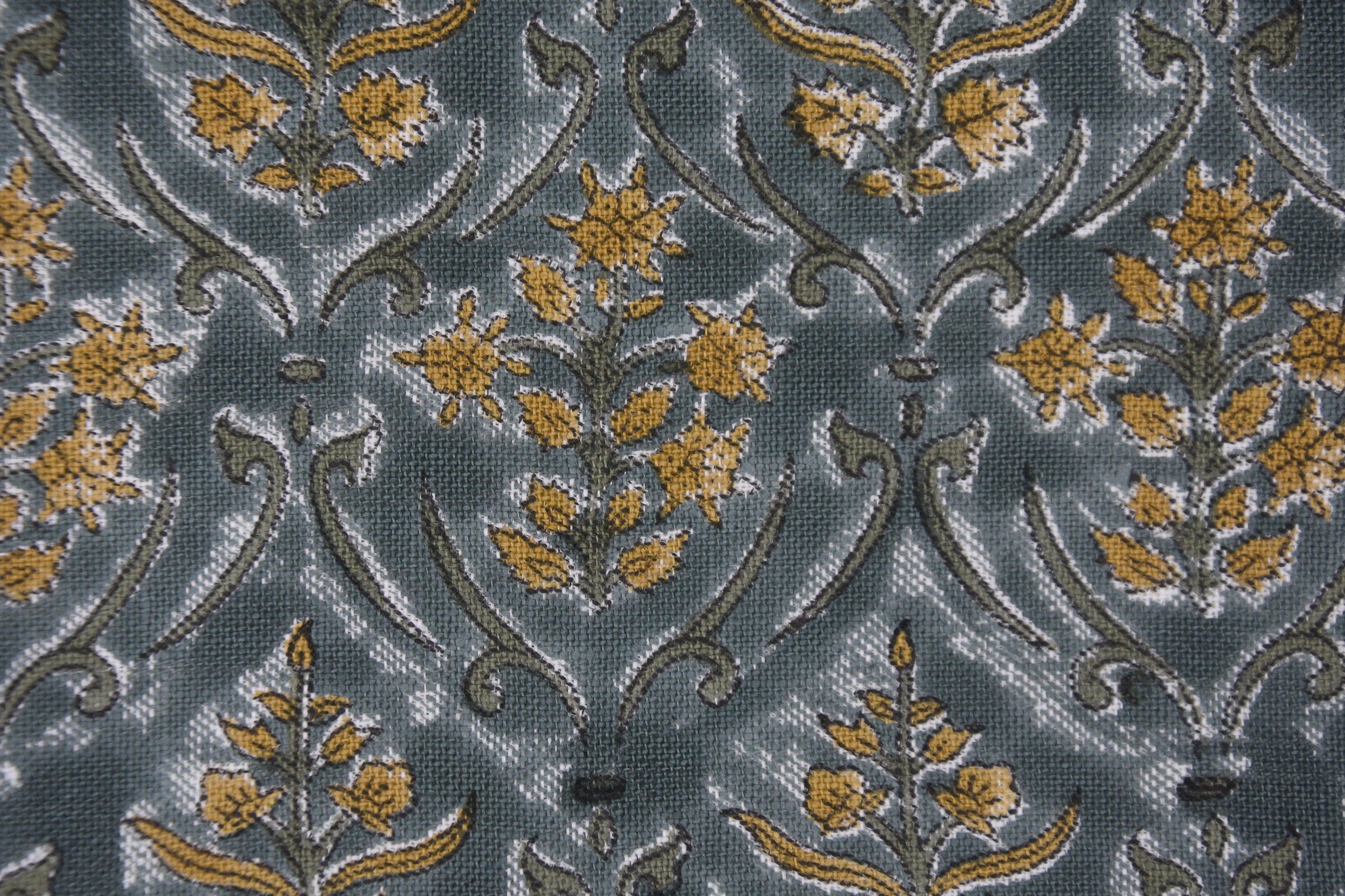 VISHAL PUSHP HAND BLOCK PRINTED FABRIC – THICK LINEN WITH LEAF PRINT IN GRAY & MUSTARD