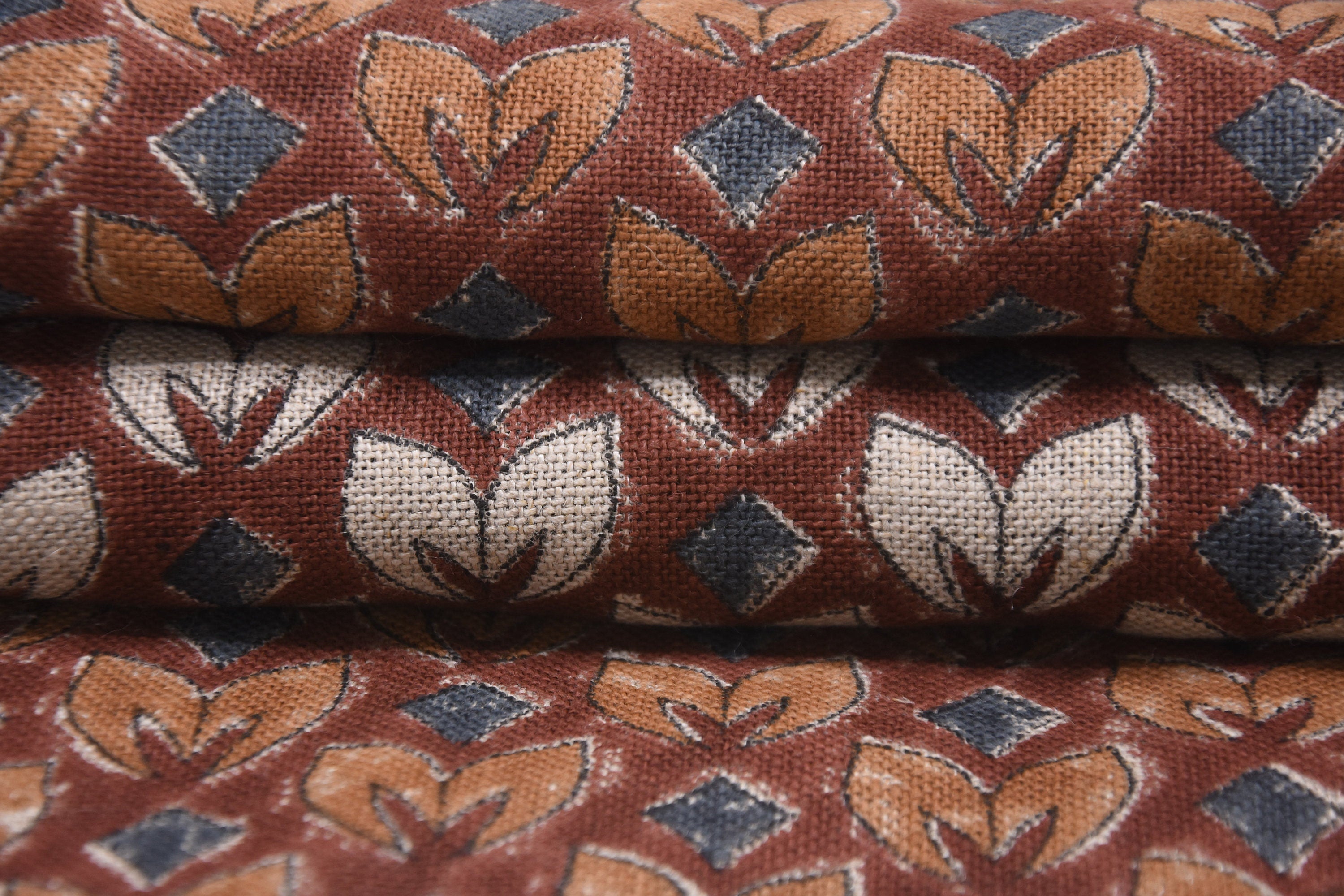 THICK LINEN HAND BLOCK PRINTED FABRIC – TITLEE FLORAL RUST ORANGE FOR ELEGANT HOME DECOR