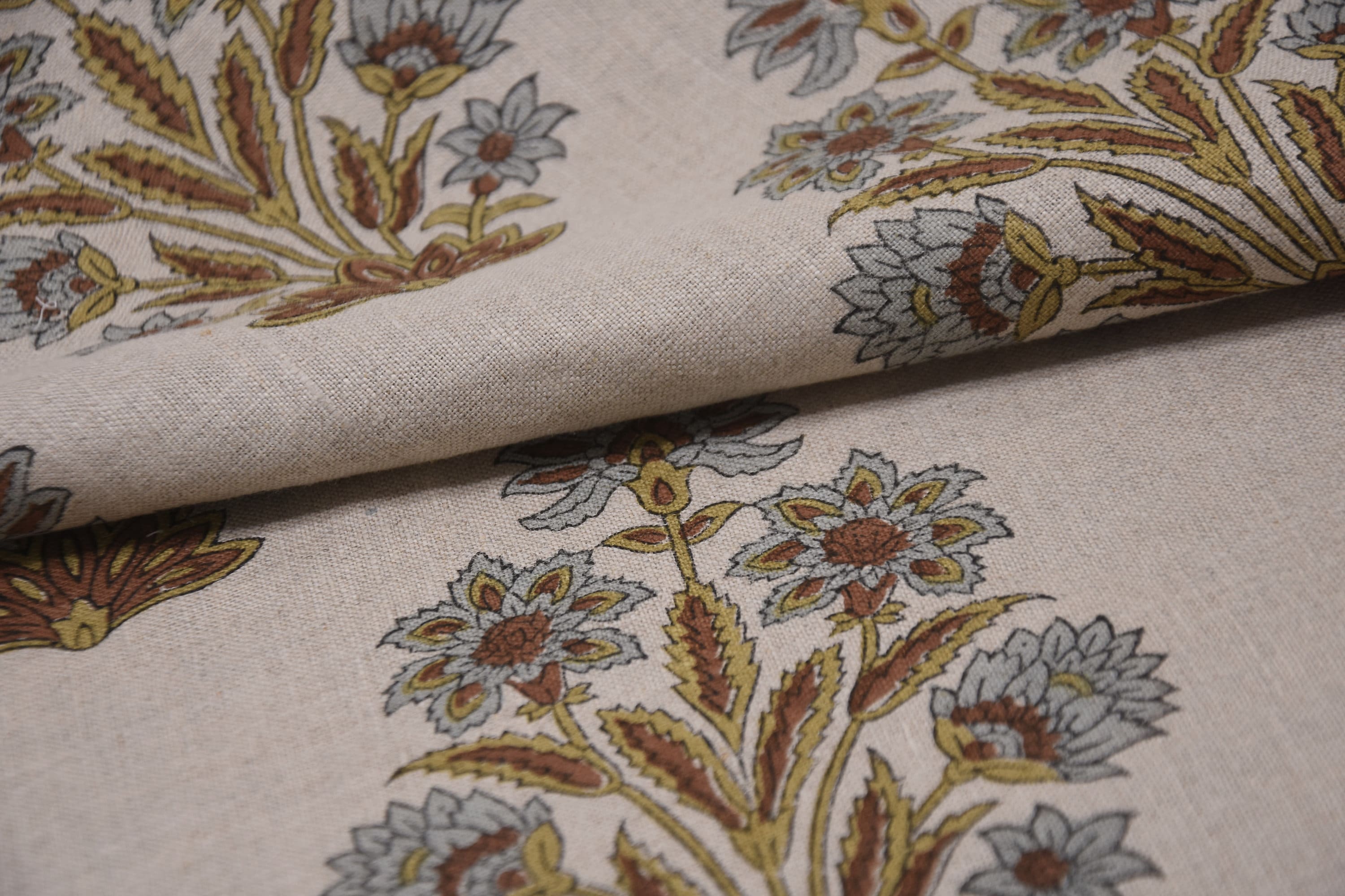 Pure linen 58" wide block print fabric, upholstery chair cover, natural soft fabric for cushions, pillows and tablecloth - MORPANKH