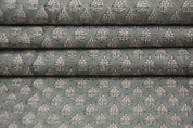 Graceful Blooms Block Printed Pure Linen in Gray Floral Design Fabric - RIVA