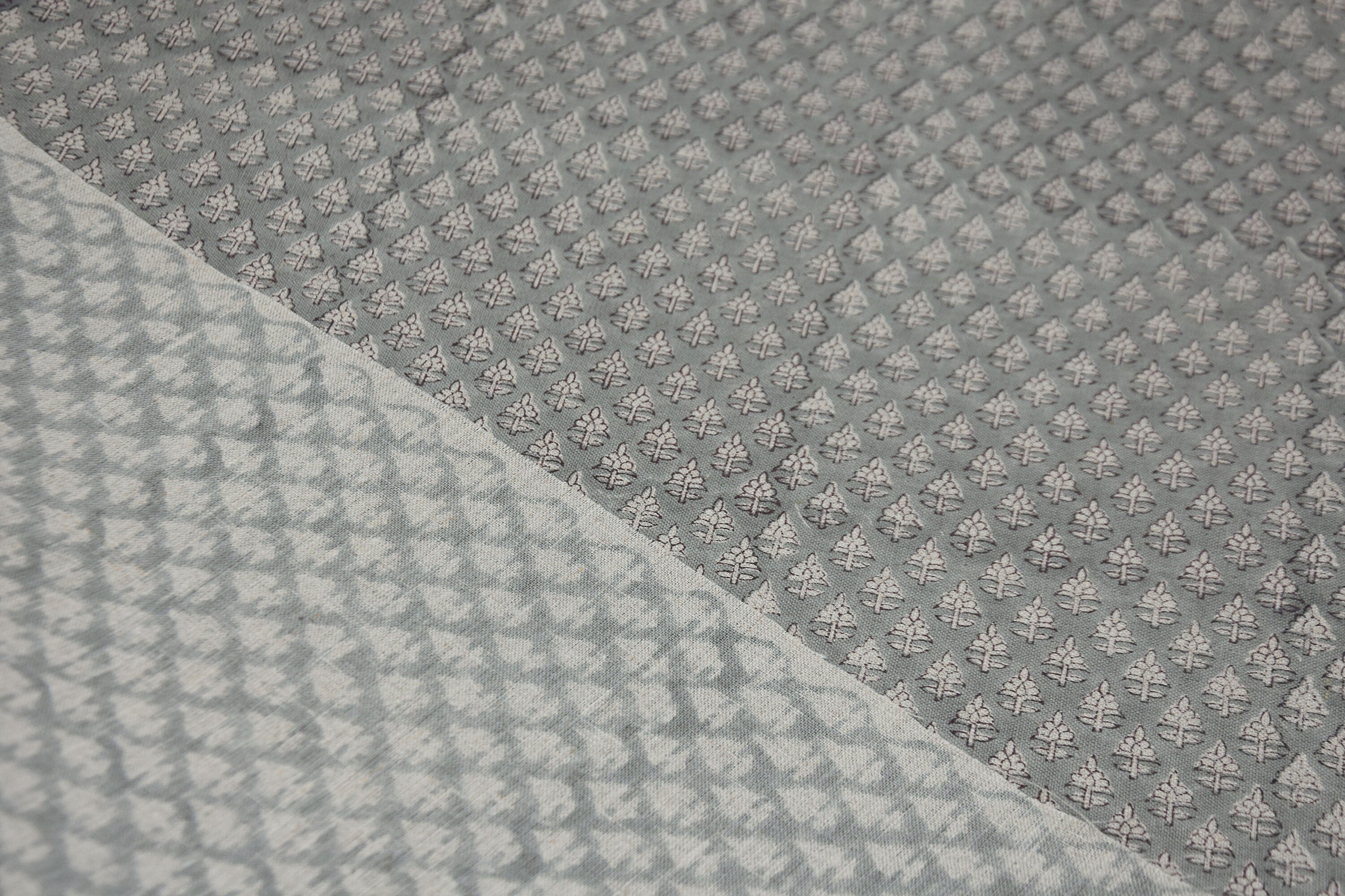 Graceful Blooms Block Printed Pure Linen in Gray Floral Design Fabric - RIVA