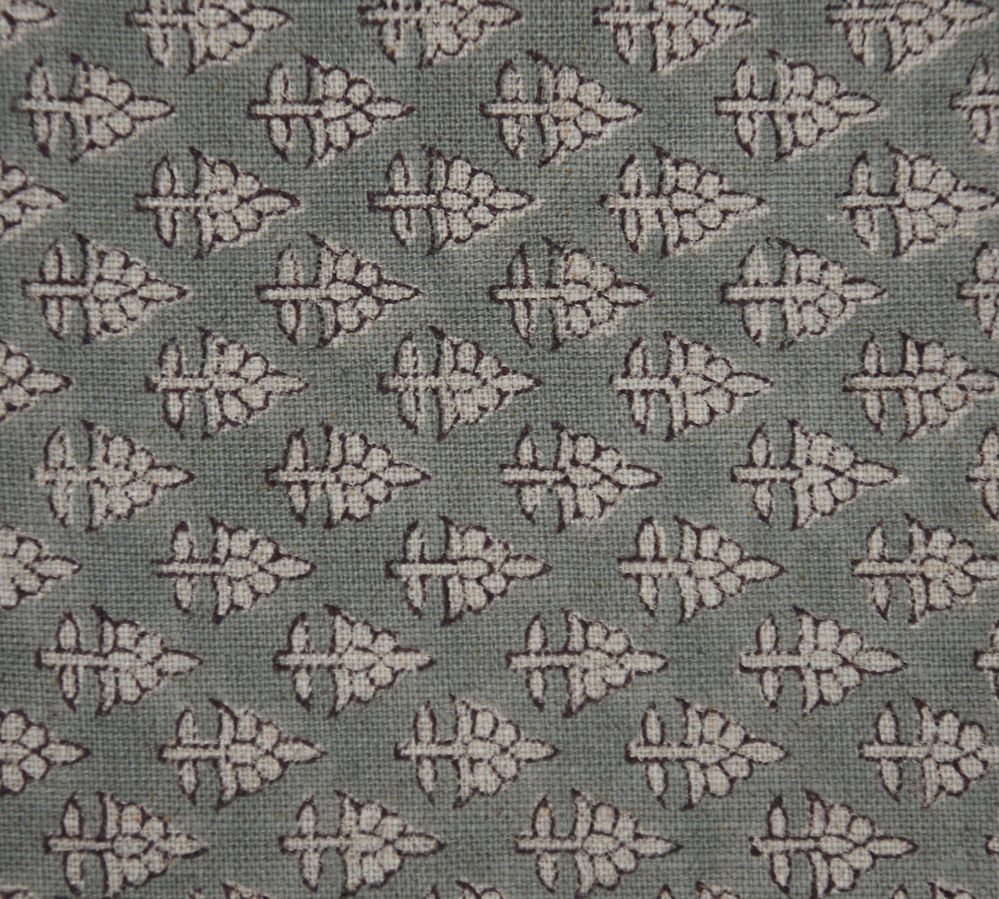 Graceful Blooms Block Printed Pure Linen in Gray Floral Design Fabric - RIVA