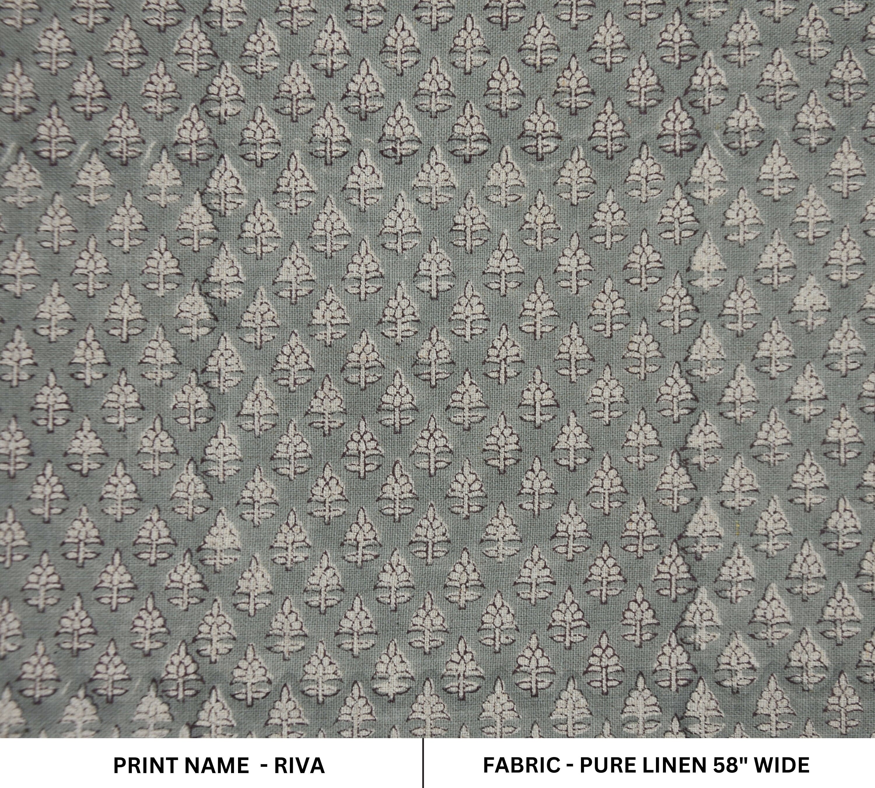 Graceful Blooms Block Printed Pure Linen in Gray Floral Design Fabric - RIVA