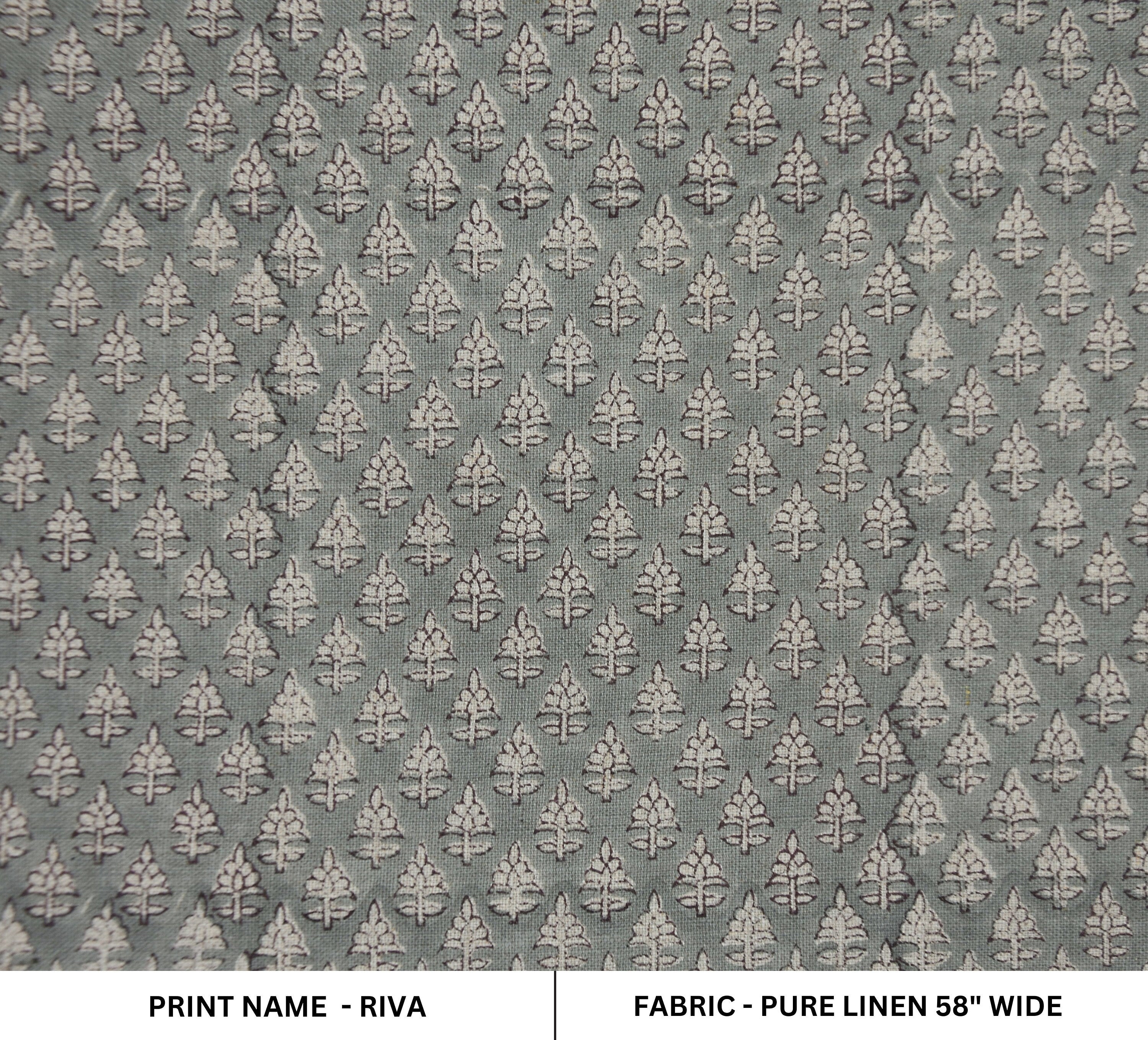 Graceful Blooms Block Printed Pure Linen in Gray Floral Design Fabric - RIVA
