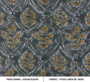 VISHAL PUSHP HAND BLOCK PRINTED FABRIC – THICK LINEN WITH LEAF PRINT IN GRAY & MUSTARD