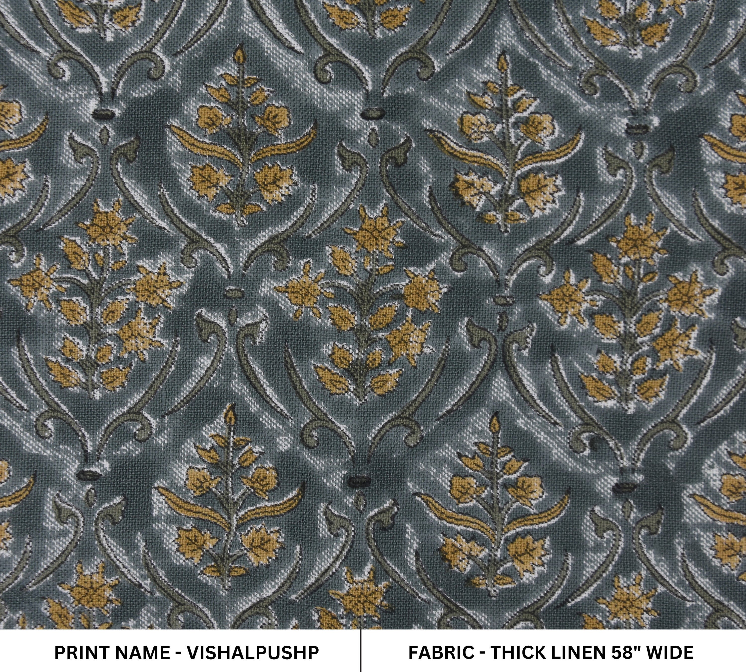 VISHAL PUSHP HAND BLOCK PRINTED FABRIC – THICK LINEN WITH LEAF PRINT IN GRAY & MUSTARD