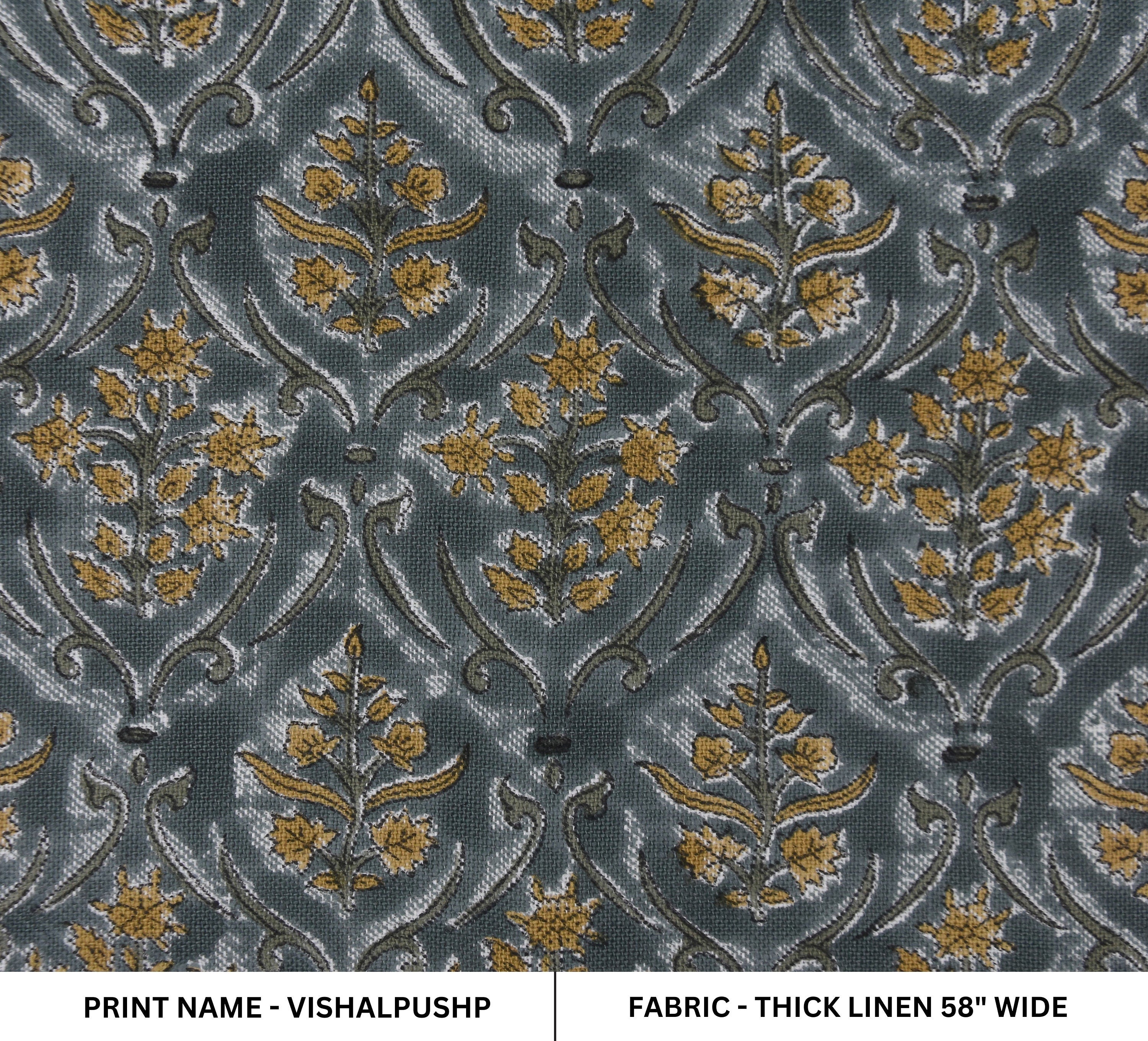 VISHAL PUSHP HAND BLOCK PRINTED FABRIC – THICK LINEN WITH LEAF PRINT IN GRAY & MUSTARD