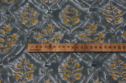 VISHAL PUSHP HAND BLOCK PRINTED FABRIC – THICK LINEN WITH LEAF PRINT IN GRAY & MUSTARD