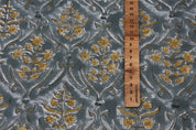 VISHAL PUSHP HAND BLOCK PRINTED FABRIC – THICK LINEN WITH LEAF PRINT IN GRAY & MUSTARD