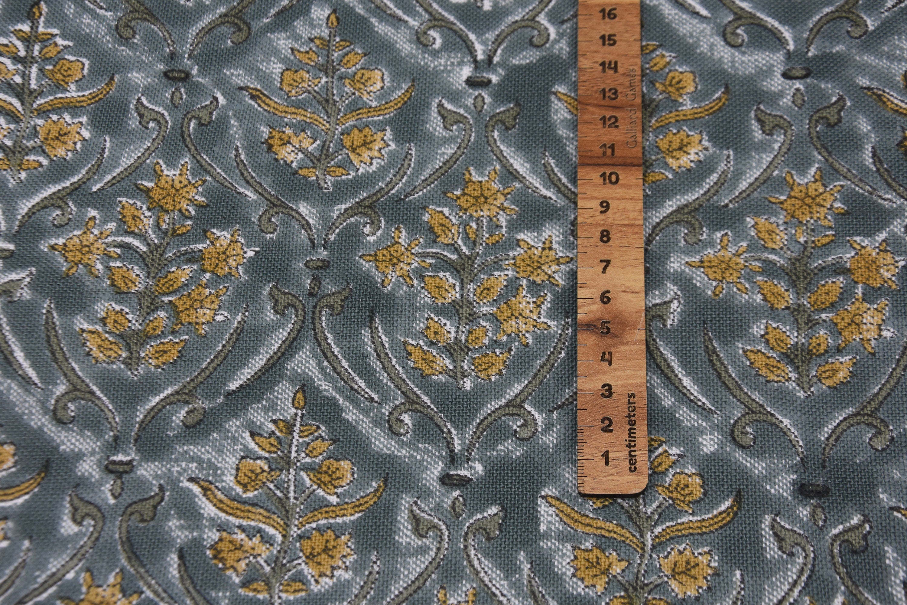 VISHAL PUSHP HAND BLOCK PRINTED FABRIC – THICK LINEN WITH LEAF PRINT IN GRAY & MUSTARD