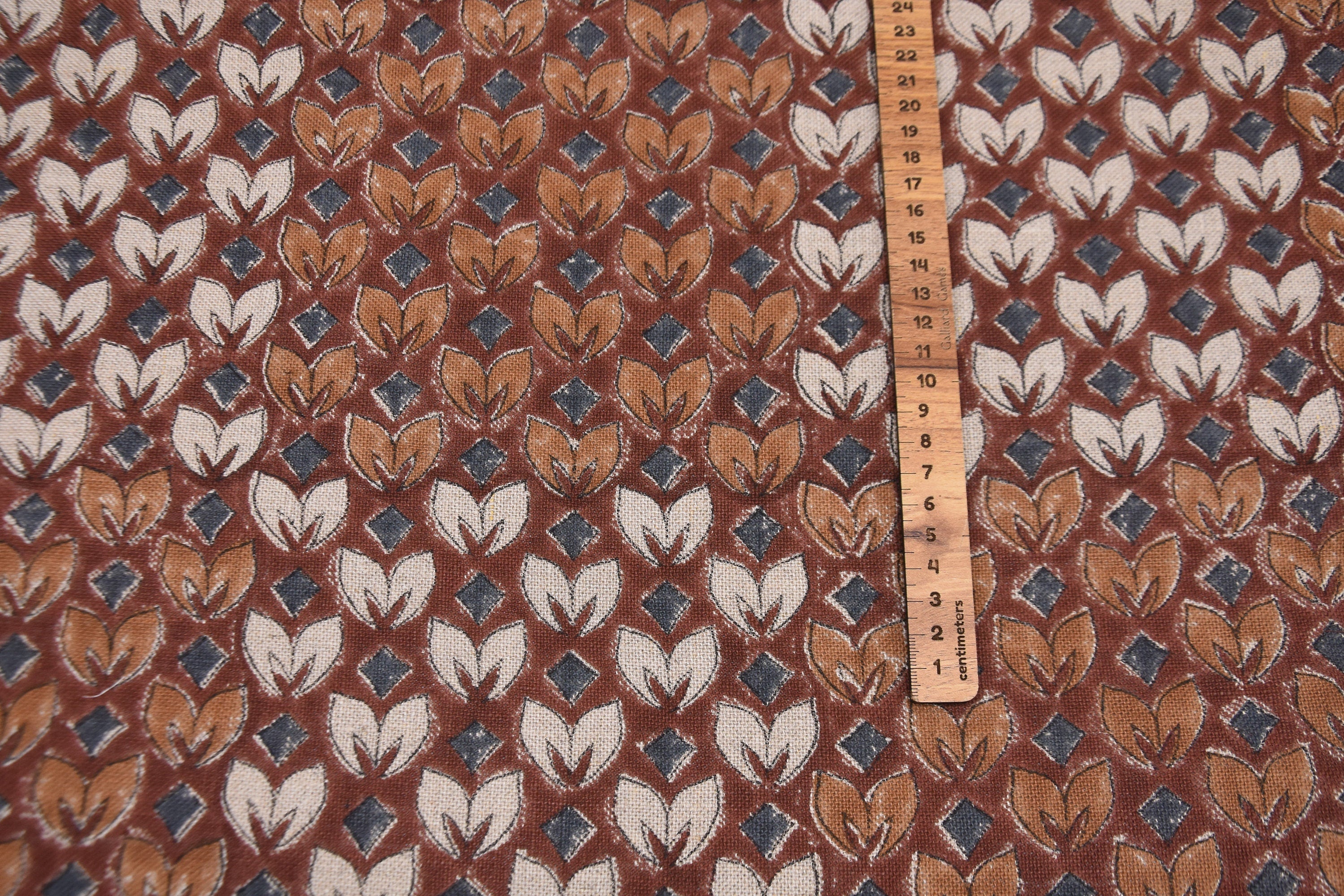 THICK LINEN HAND BLOCK PRINTED FABRIC – TITLEE FLORAL RUST ORANGE FOR ELEGANT HOME DECOR