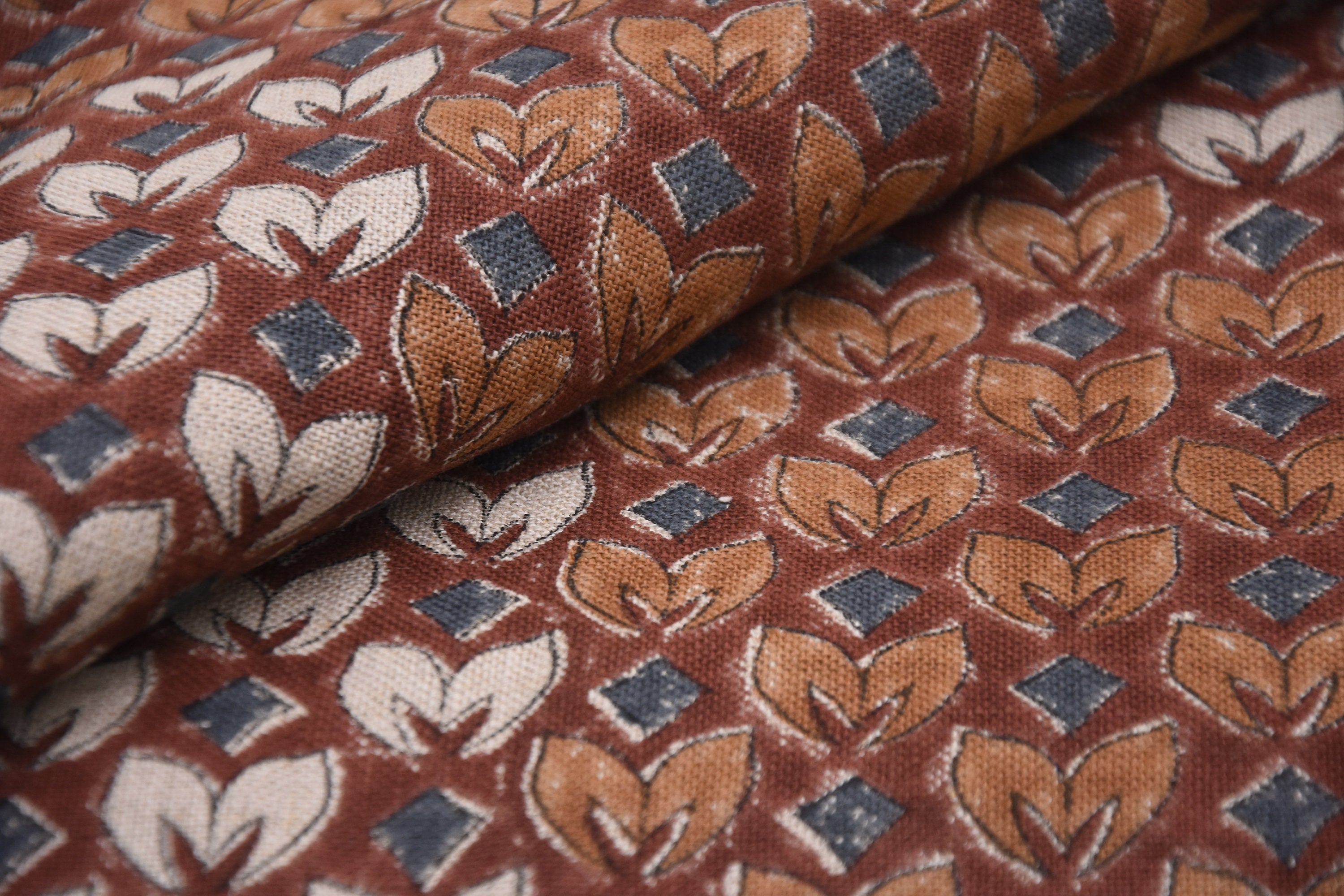 THICK LINEN HAND BLOCK PRINTED FABRIC – TITLEE FLORAL RUST ORANGE FOR ELEGANT HOME DECOR