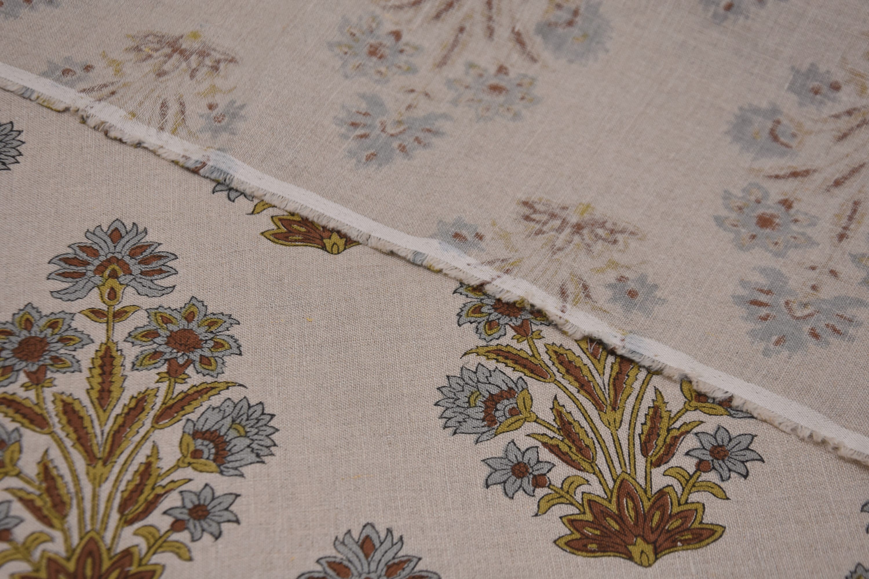 Pure linen 58" wide block print fabric, upholstery chair cover, natural soft fabric for cushions, pillows and tablecloth - MORPANKH