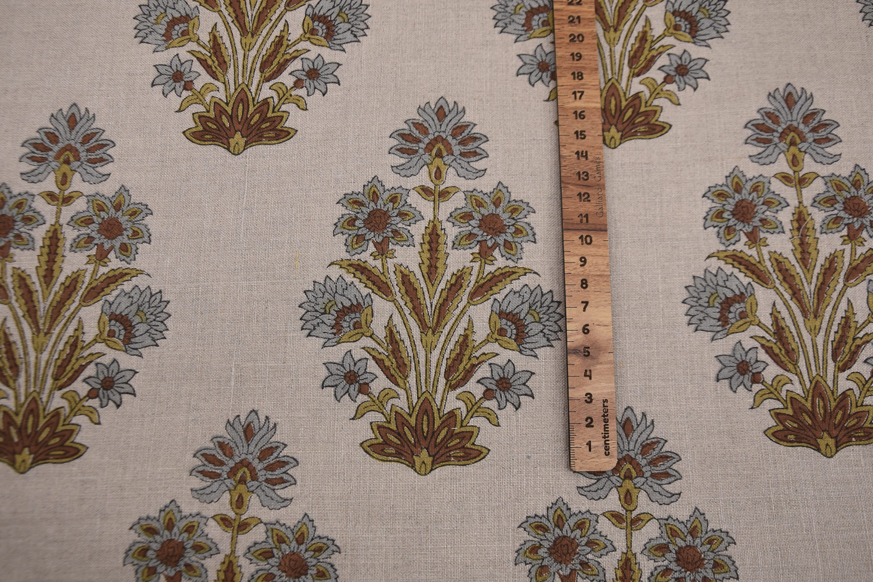 Pure linen 58" wide block print fabric, upholstery chair cover, natural soft fabric for cushions, pillows and tablecloth - MORPANKH