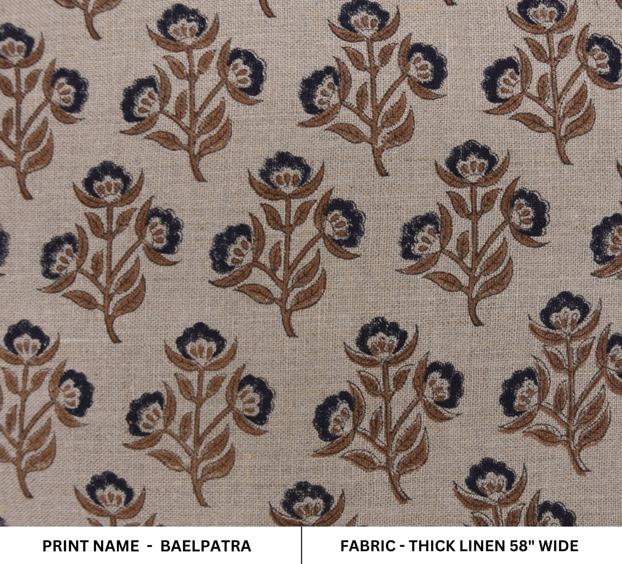Handmade block print, thick linen 58" wide, linen fabric for pillows, cushions, curtains and table cloth - BAELPATRA