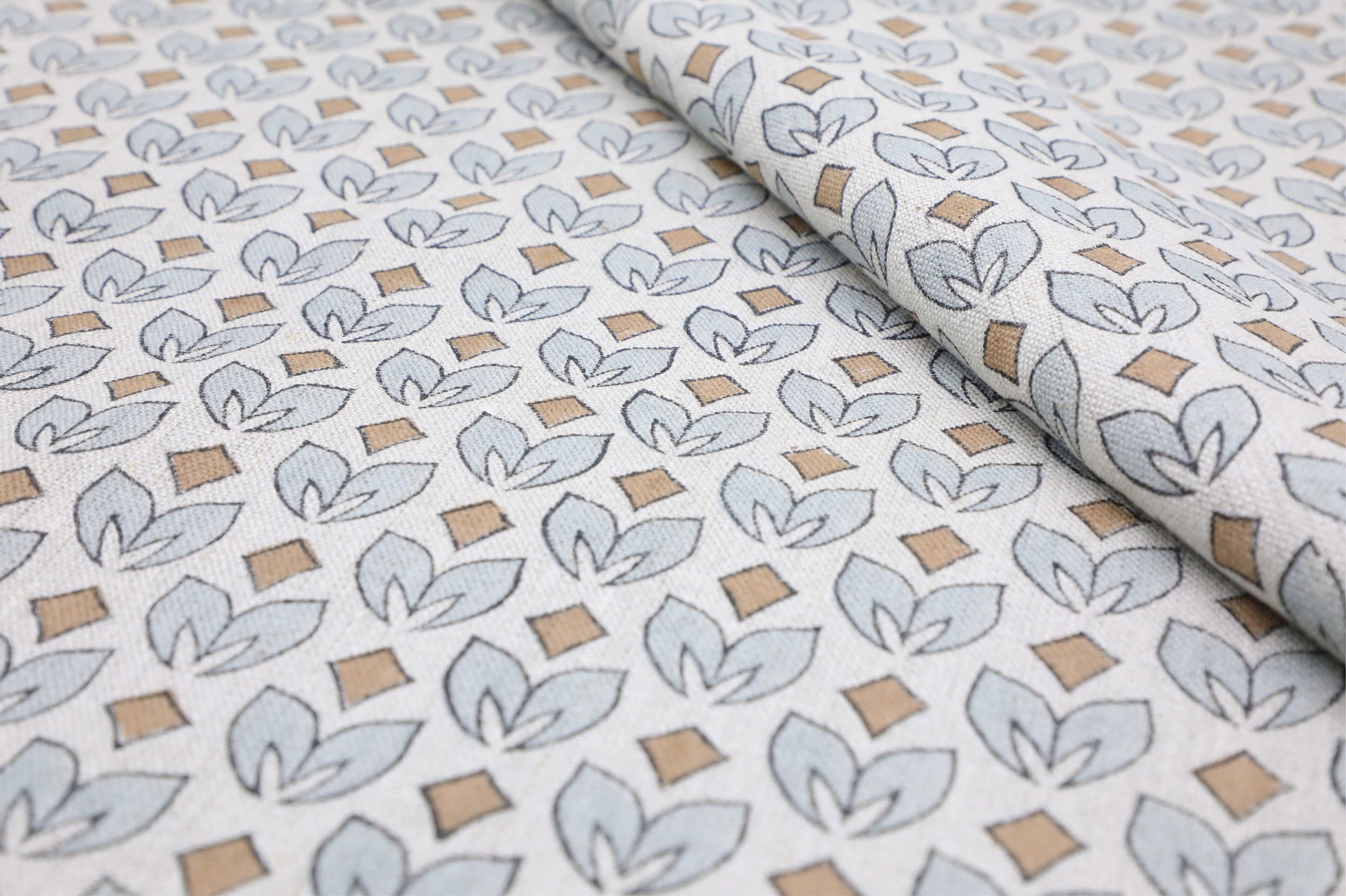 Floral blue block print fabric, thick linen pure 58" wide, Indian linen fabric, upholstery for couch cover - TITLEE