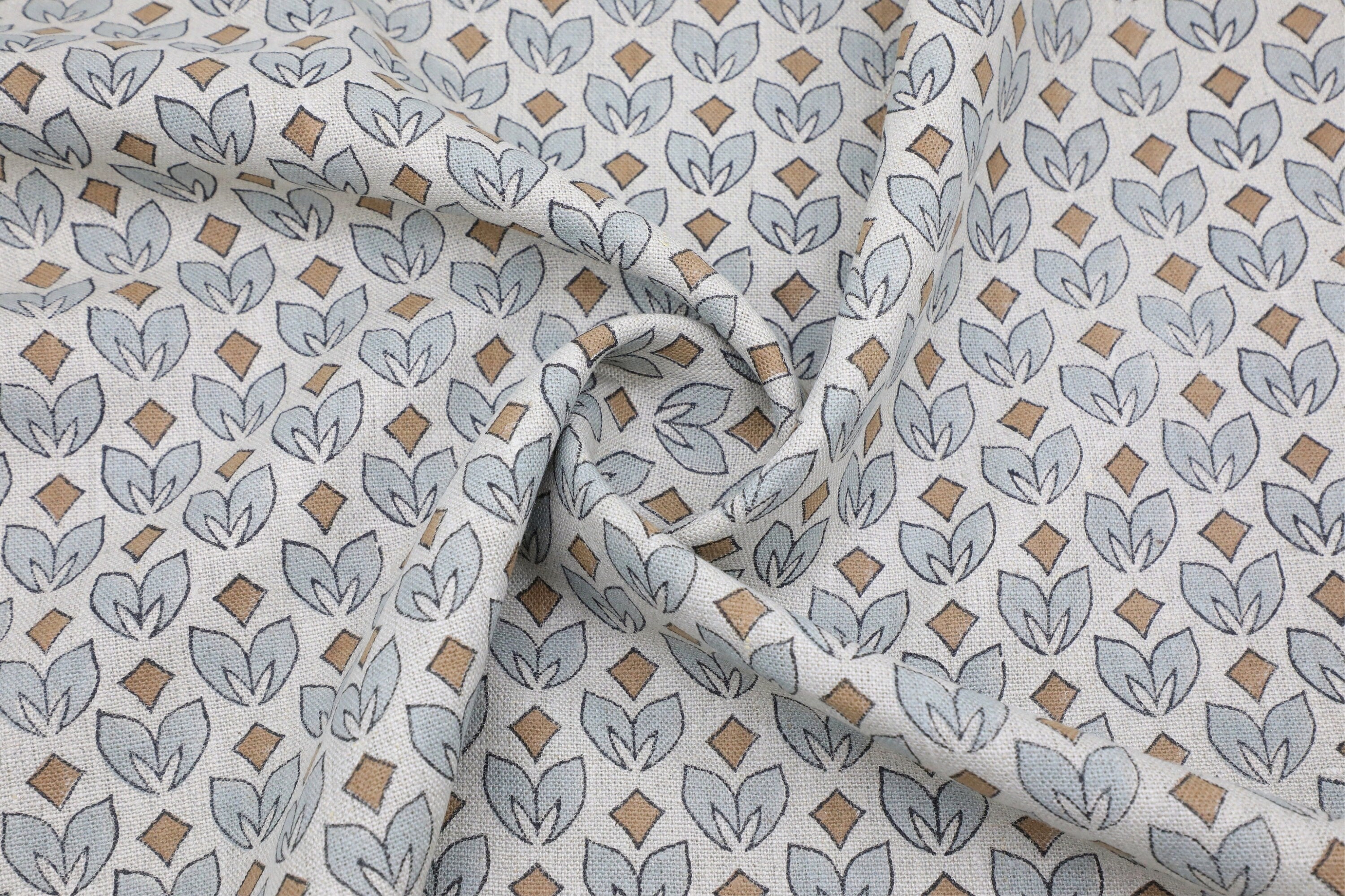 Floral blue block print fabric, thick linen pure 58" wide, Indian linen fabric, upholstery for couch cover - TITLEE