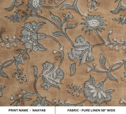 Block print linen fabric for pillow cover, cushion cover, pure linen 58" wide, floral boho print - NAAYAB