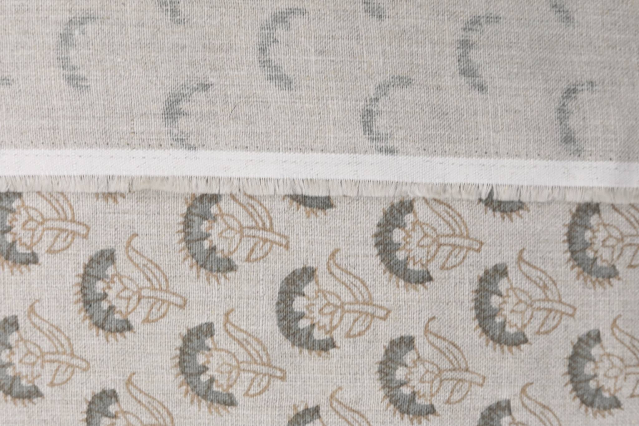 Floral block print natural linen fabric for dining chair cover, curtains, cushion cover and table cloth - JUJU FLOWER