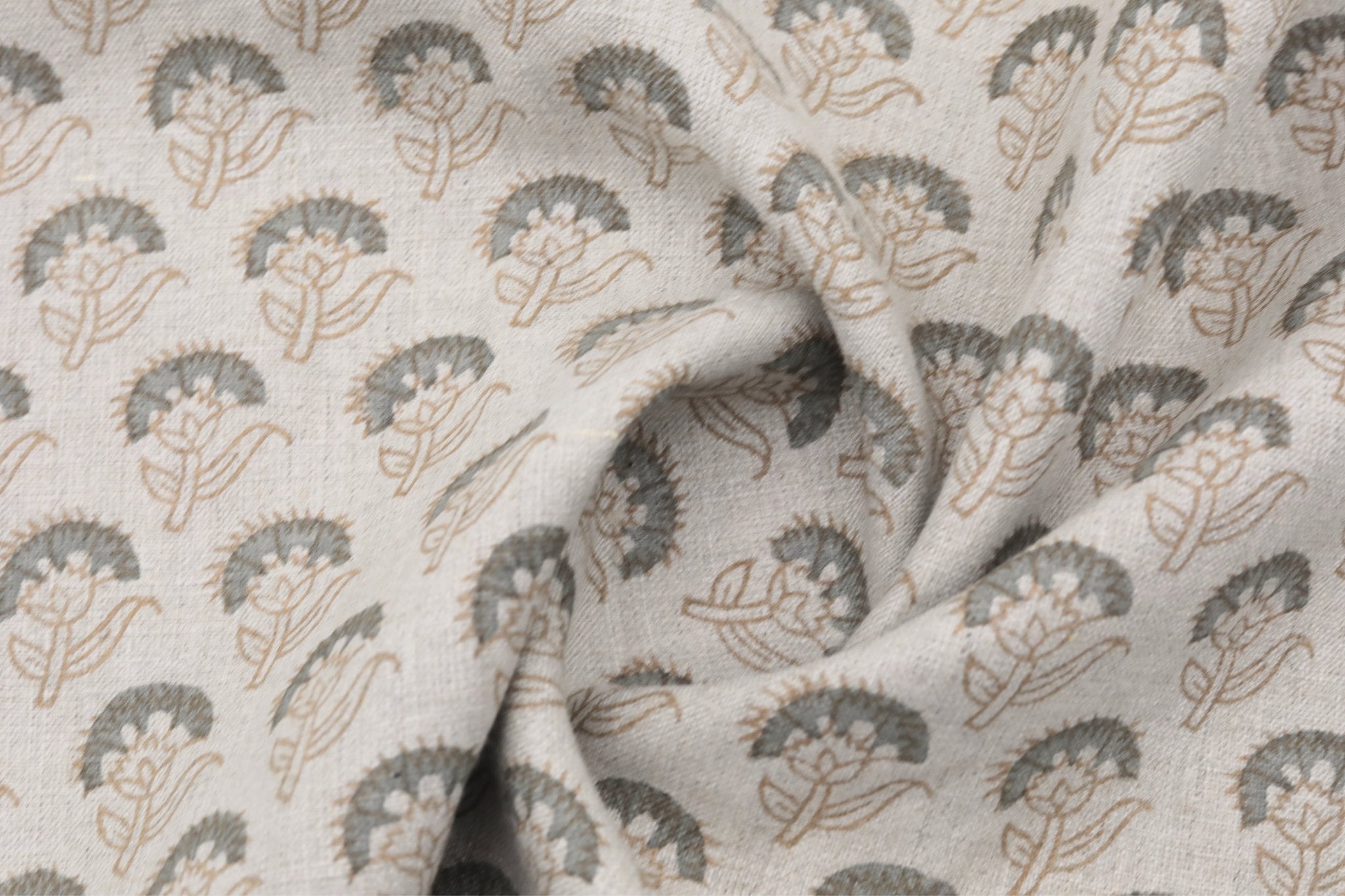 Floral block print natural linen fabric for dining chair cover, curtains, cushion cover and table cloth - JUJU FLOWER