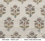 Rose block print pure linen fabric - TRAFFIC LIGHT