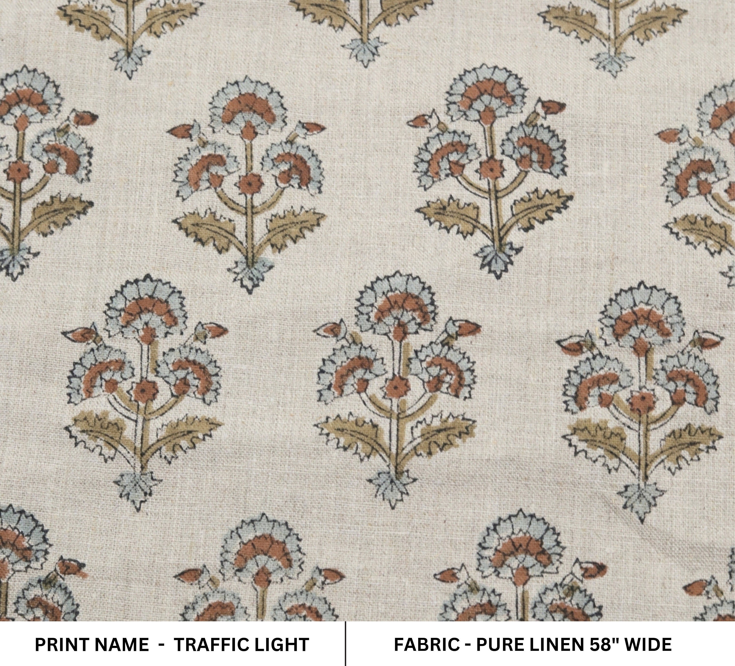 Rose block print pure linen fabric - TRAFFIC LIGHT