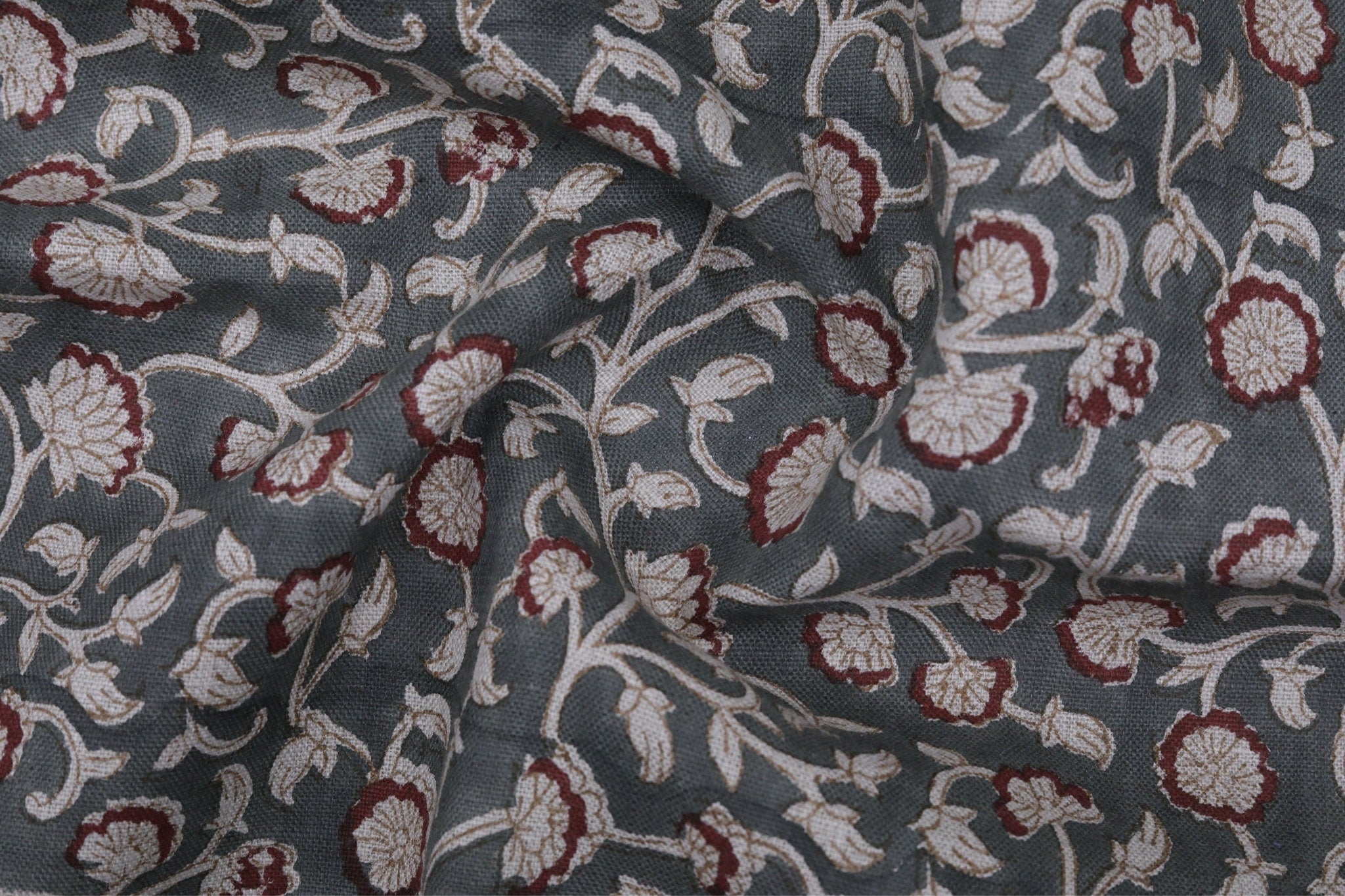 Fabric for cushion, pillows, pure linen, Indian handmade floral art, linen clothing fabric - HIMACHAL