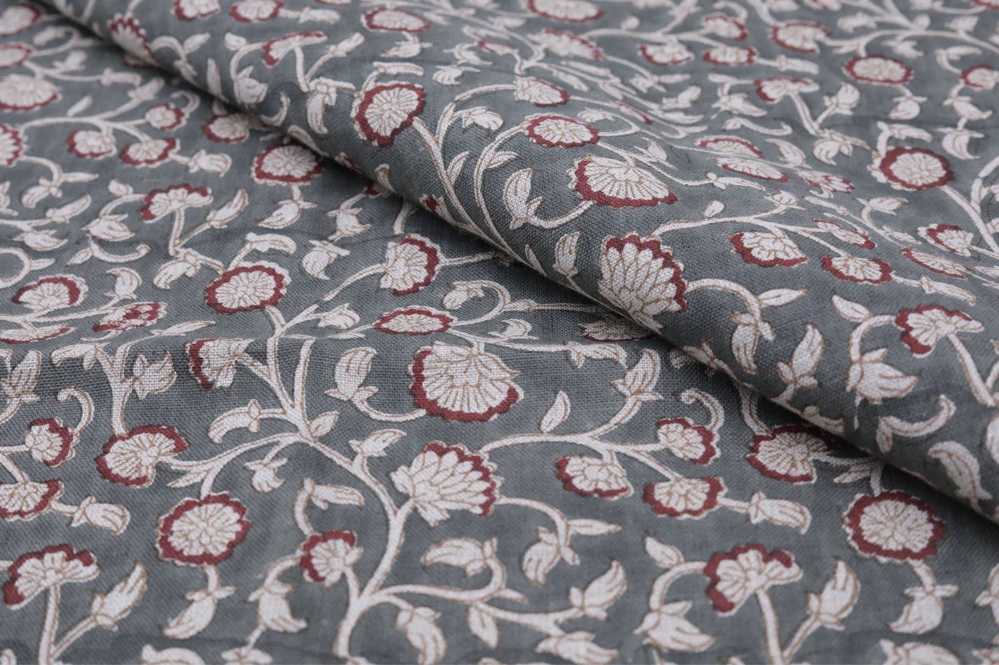 Fabric for cushion, pillows, pure linen, Indian handmade floral art, linen clothing fabric - HIMACHAL