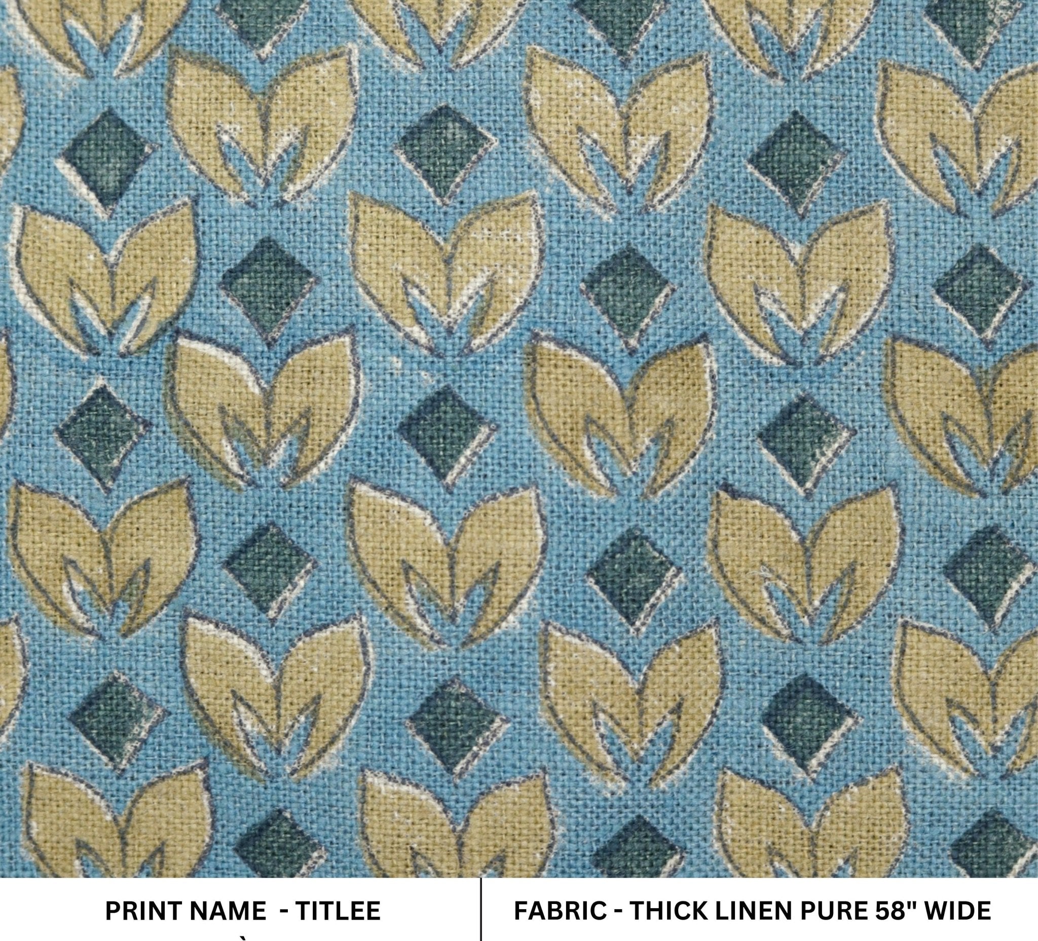 Block Printed Yellow and Bluish Throw Floral leaves Thick Linen Pure Cushion Fabric - TITLEE