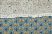 Block Printed Yellow and Bluish Throw Floral leaves Thick Linen Pure Cushion Fabric - TITLEE