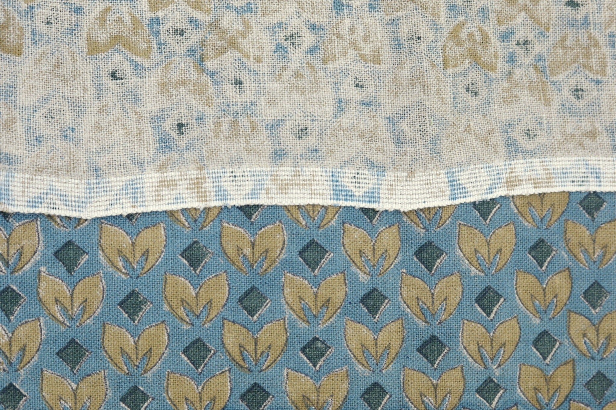 Block Printed Yellow and Bluish Throw Floral leaves Thick Linen Pure Cushion Fabric - TITLEE