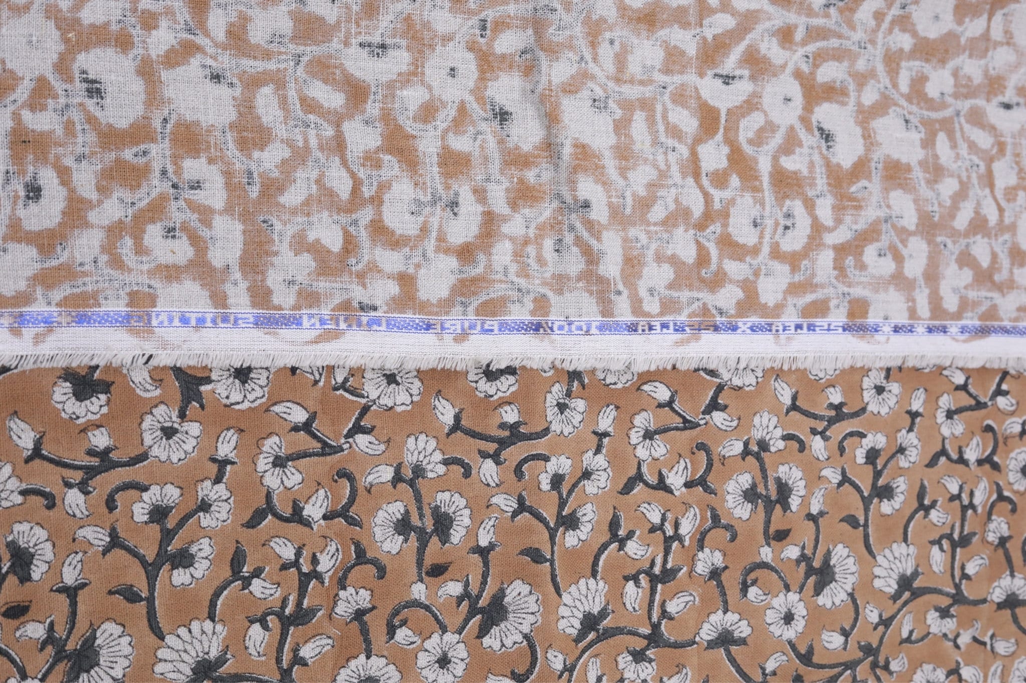 Linen floral hand block print fabric for room curtains, dining tablecloth and chair cover, couch cushions, pillow cover - HIMACHAL