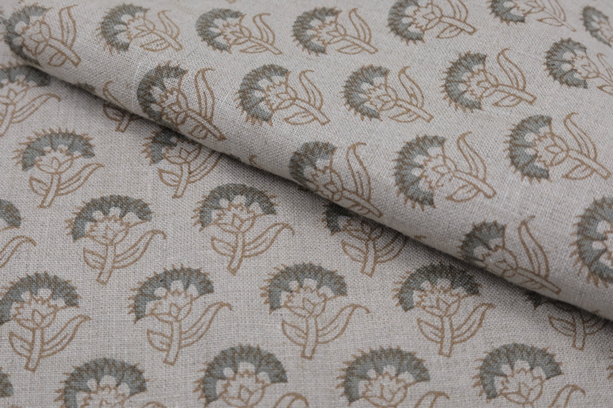 Floral block print natural linen fabric for dining chair cover, curtains, cushion cover and table cloth - JUJU FLOWER