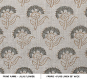 Floral block print natural linen fabric for dining chair cover, curtains, cushion cover and table cloth - JUJU FLOWER