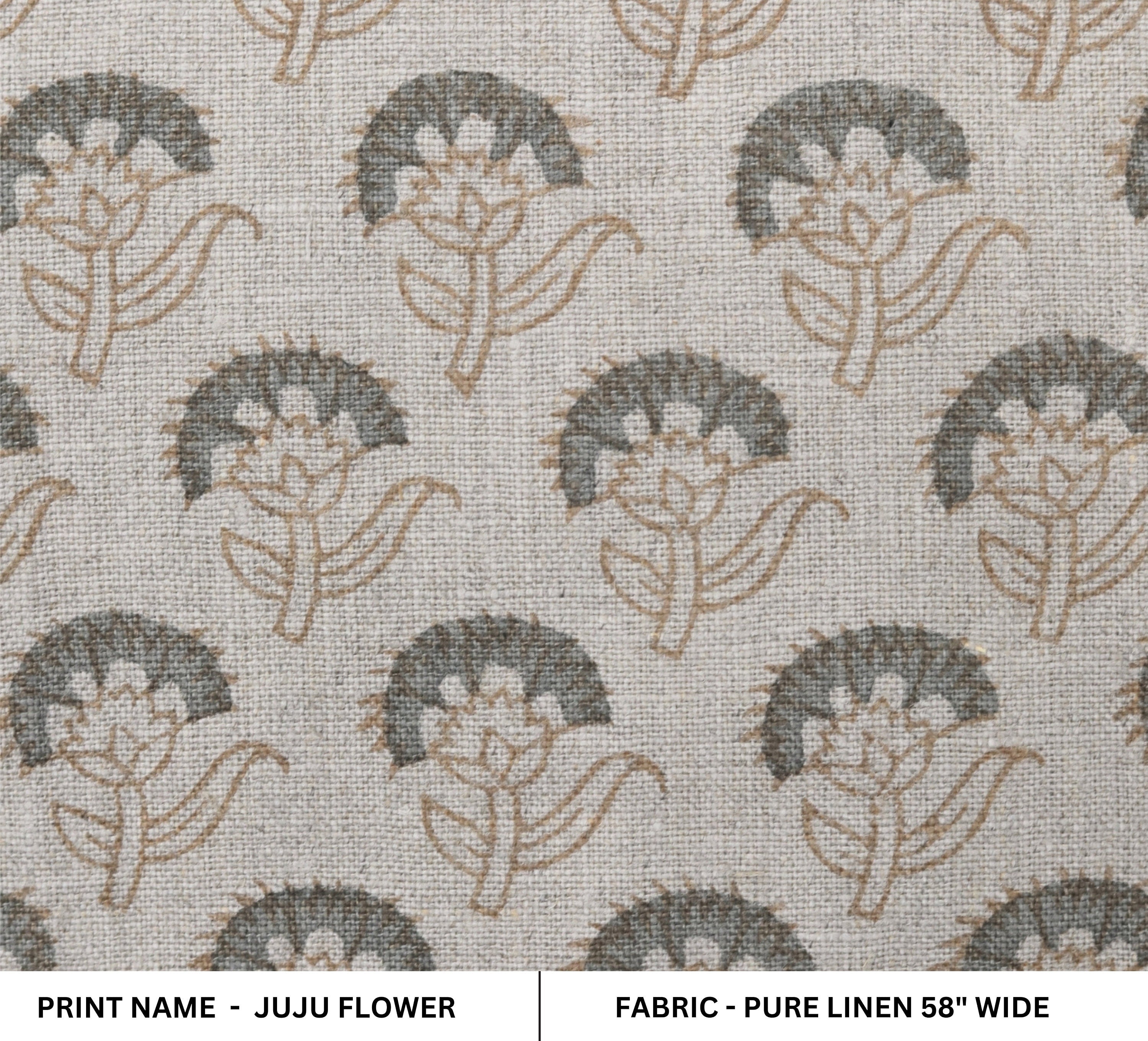 Floral block print natural linen fabric for dining chair cover, curtains, cushion cover and table cloth - JUJU FLOWER