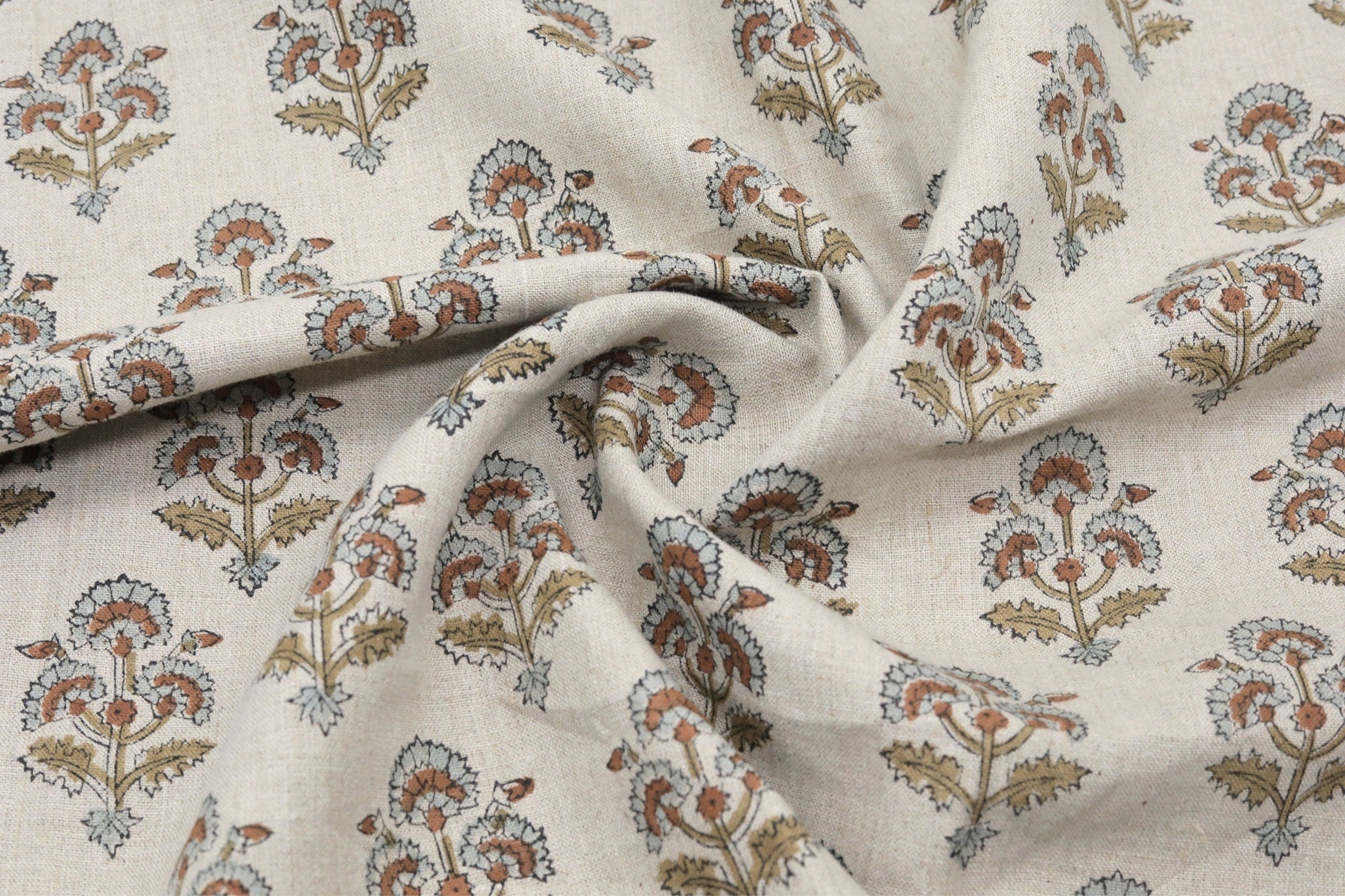 Rose block print pure linen fabric - TRAFFIC LIGHT