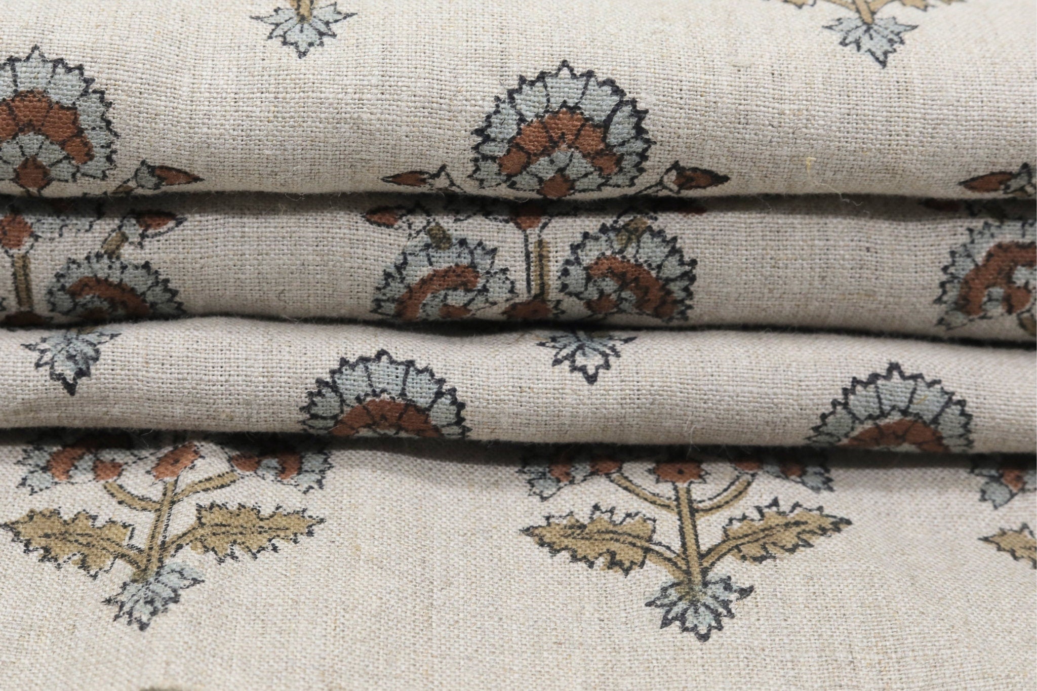 Rose block print pure linen fabric - TRAFFIC LIGHT